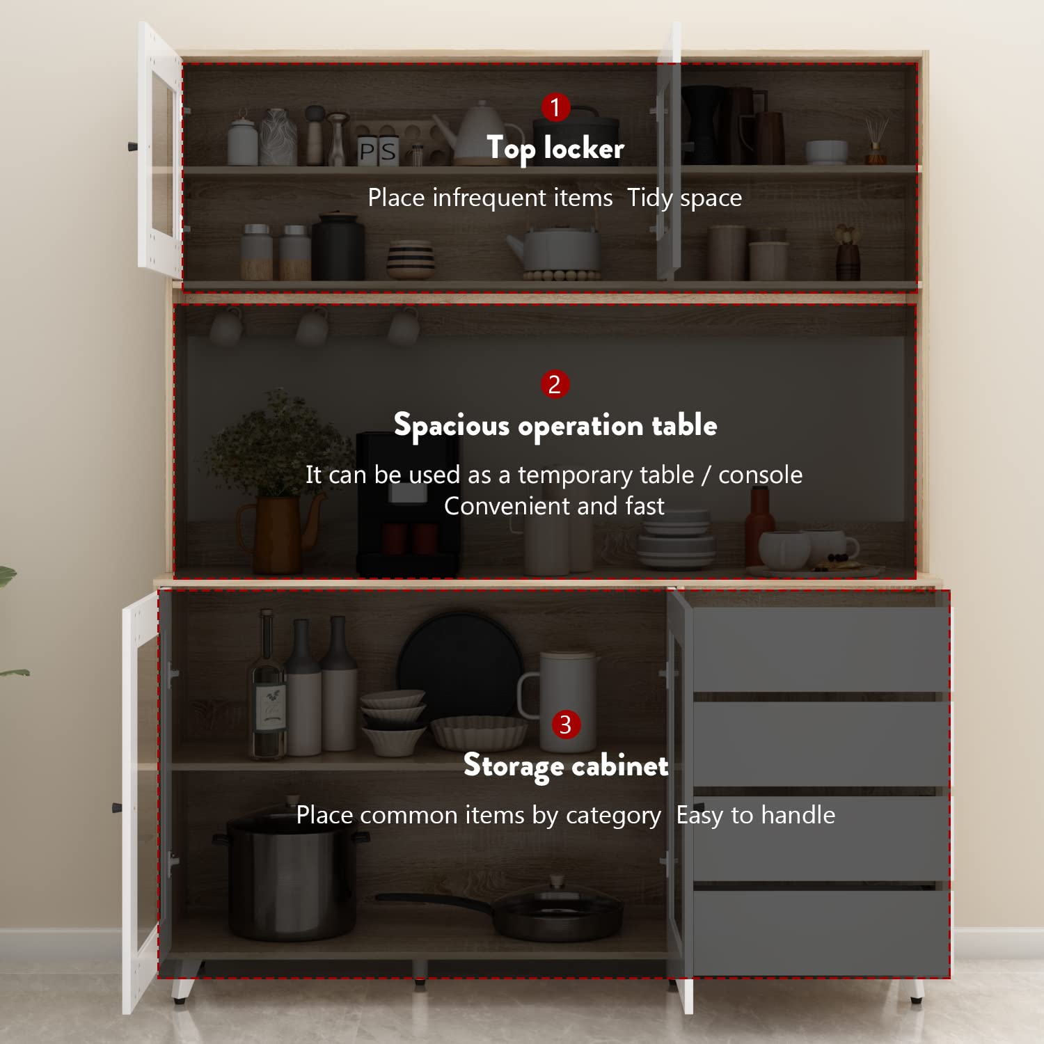 Large Kitchen Hutch Cabinet with 4 Glass Doors & 4 Drawers - White Oak Pantry Storage Cupboard with Microwave Shelf - 63