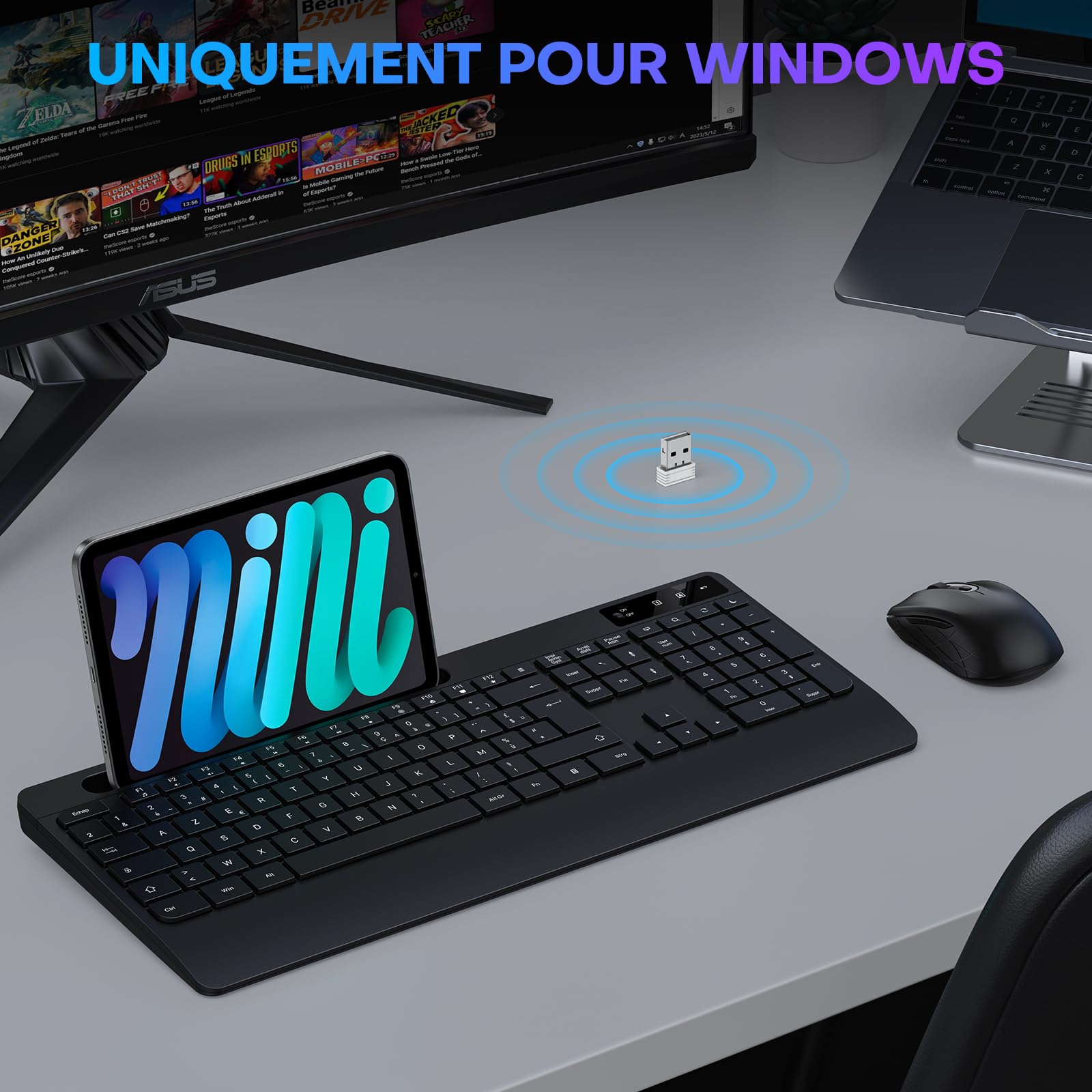 OMOTON Wireless Keyboard & Mouse Set, 2.4G AZERTY, Silent Ergonomic for PC - Home & Office Use