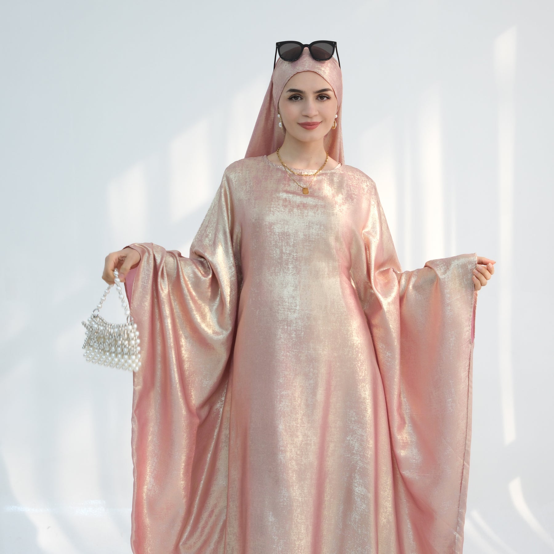 Linora Shimmer Butterfly Abaya Peach - Elegant Islamic Prayer Dress for Women | Perfect for Eid, Ramadan & Special Occasions