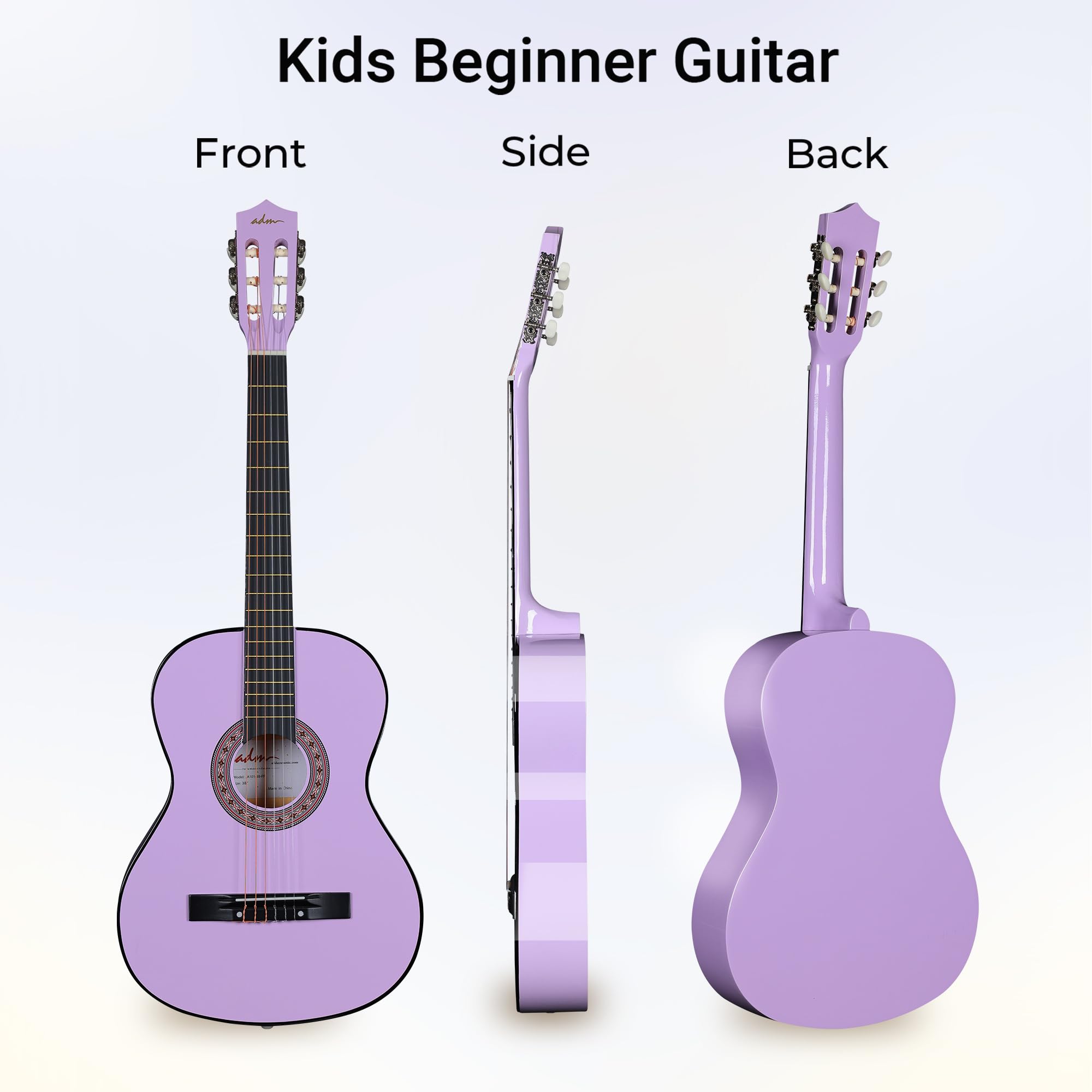 **ADM 38 Inch Beginner Acoustic Classical Guitar with Nylon Strings - Wooden Guitar Bundle Kit for Kids, Boys, Girls, Students & Youth - Includes Gig Bag, Strap, Tuner & Extra Strings (Purple) - Perfect for Online Lessons, Home Practice & Music Class Performances**
