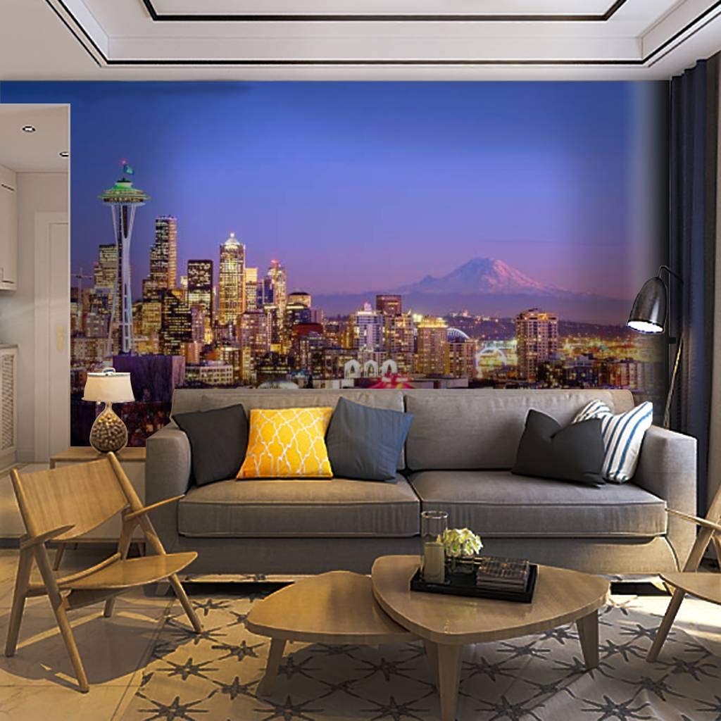 Seattle Skyline at Night with Mt. Rainier Wall Mural - Self-Adhesive Removable Peel & Stick Wallpaper for Home Decor - Perfect for Living Room, Bedroom & Office Spaces