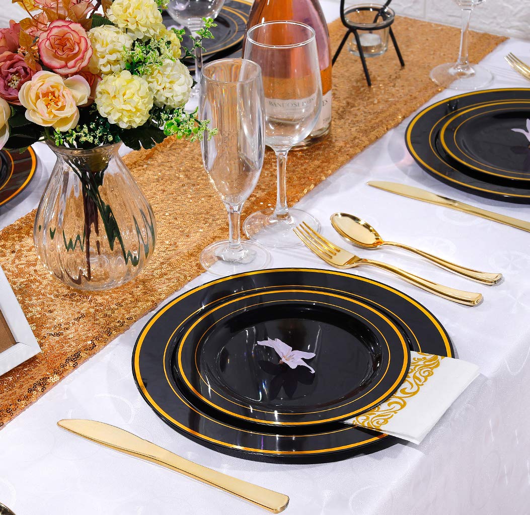125-Piece Elegant Black Plastic Dinnerware Set with Gold Trim - Includes 25 Dinner Plates, 25 Dessert Plates, 25 Forks, 25 Knives & 25 Spoons - Disposable Gold Silverware for Parties, Weddings, New Year Celebrations & Special Events