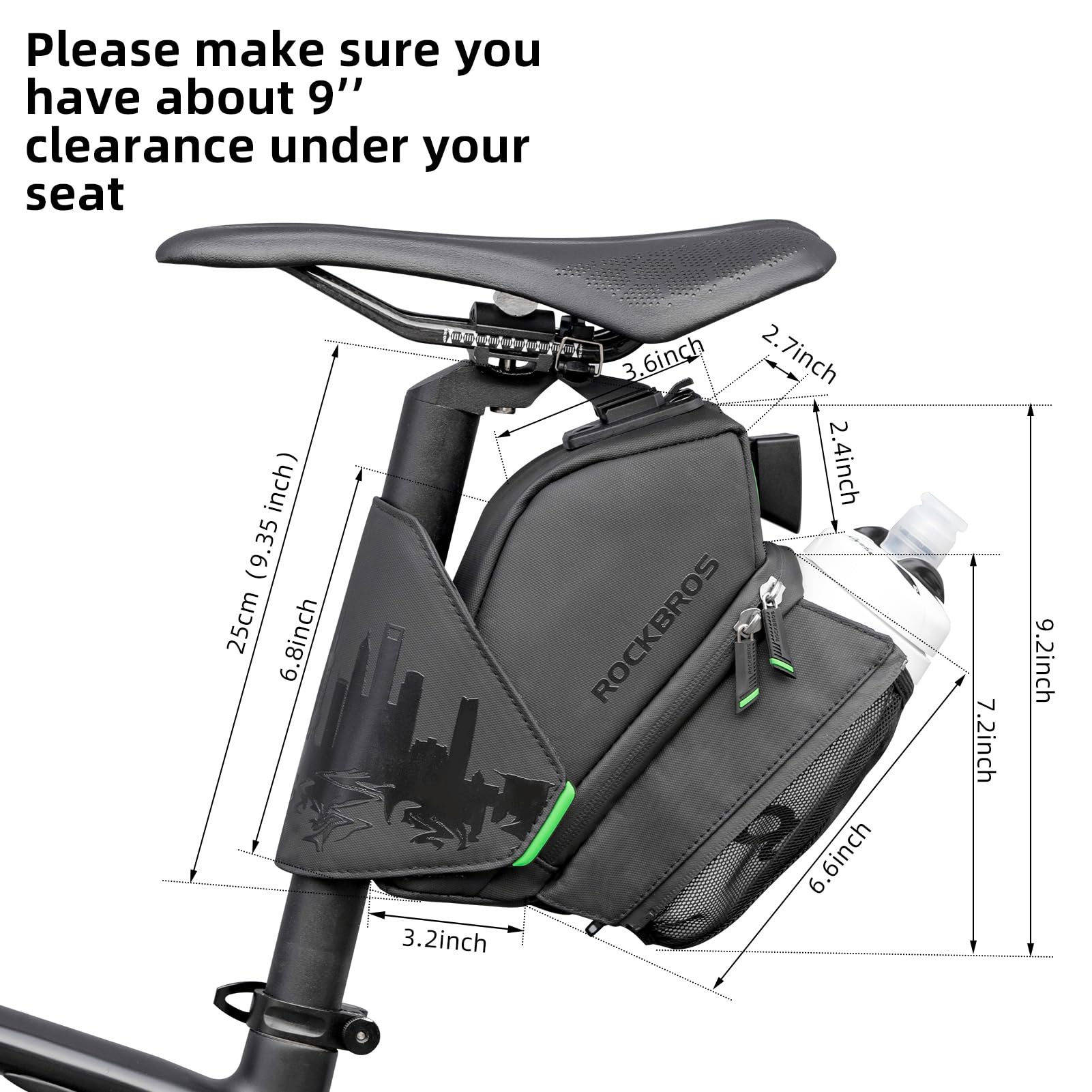 ROCKBROS Waterproof Bike Saddle Bag with Bottle Holder - Under Seat Bicycle Storage for Road Bikes | Perfect for Cycling Commutes, Long Distance Rides & Outdoor Adventures