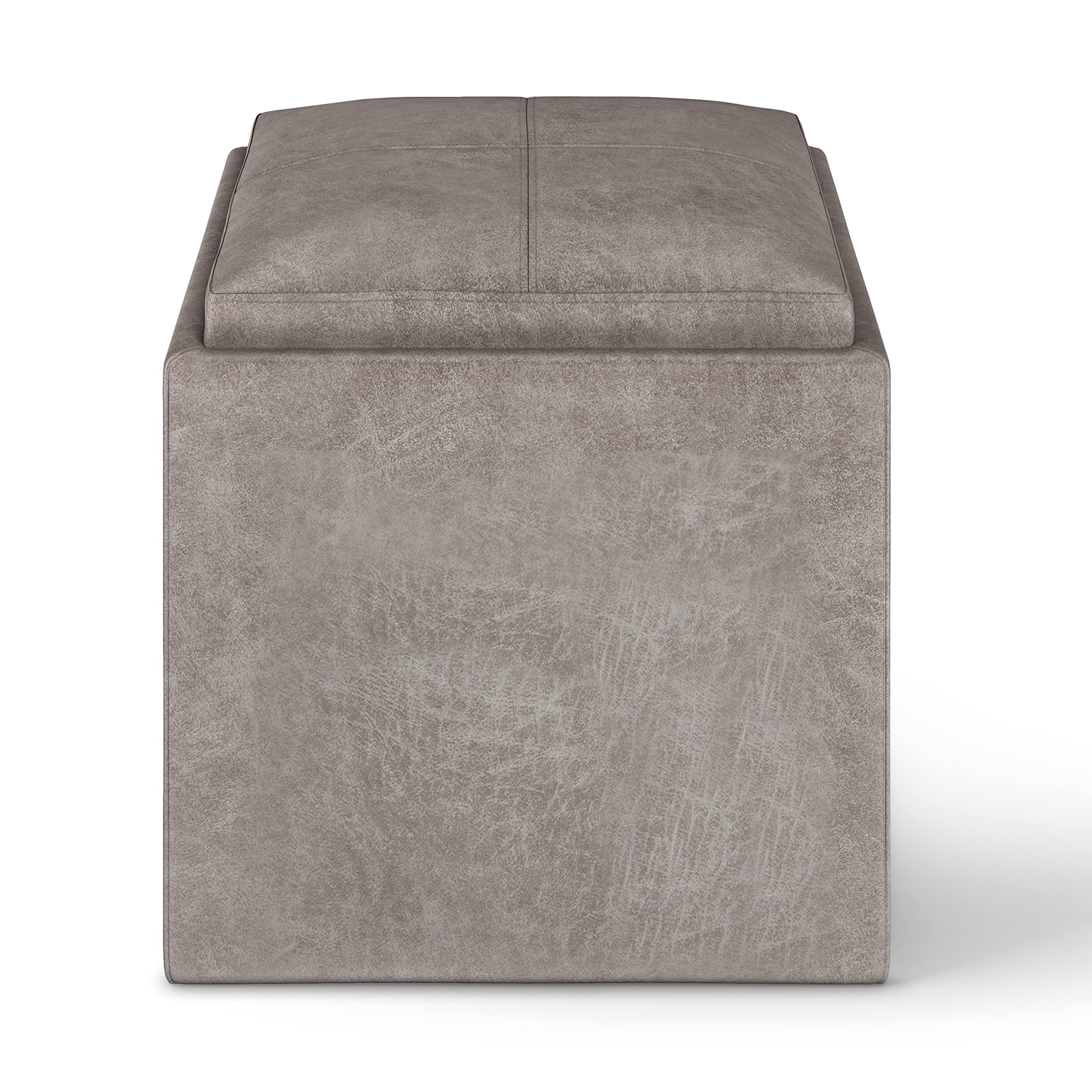 SIMPLIHOME Rockwood Wide Square Cube Storage Ottoman with Tray - 18 Inch, Taupe Vegan Faux Leather, Distressed Grey - Modern Living Room, Entryway & Family Room Furniture for Home Organization & Extra Seating