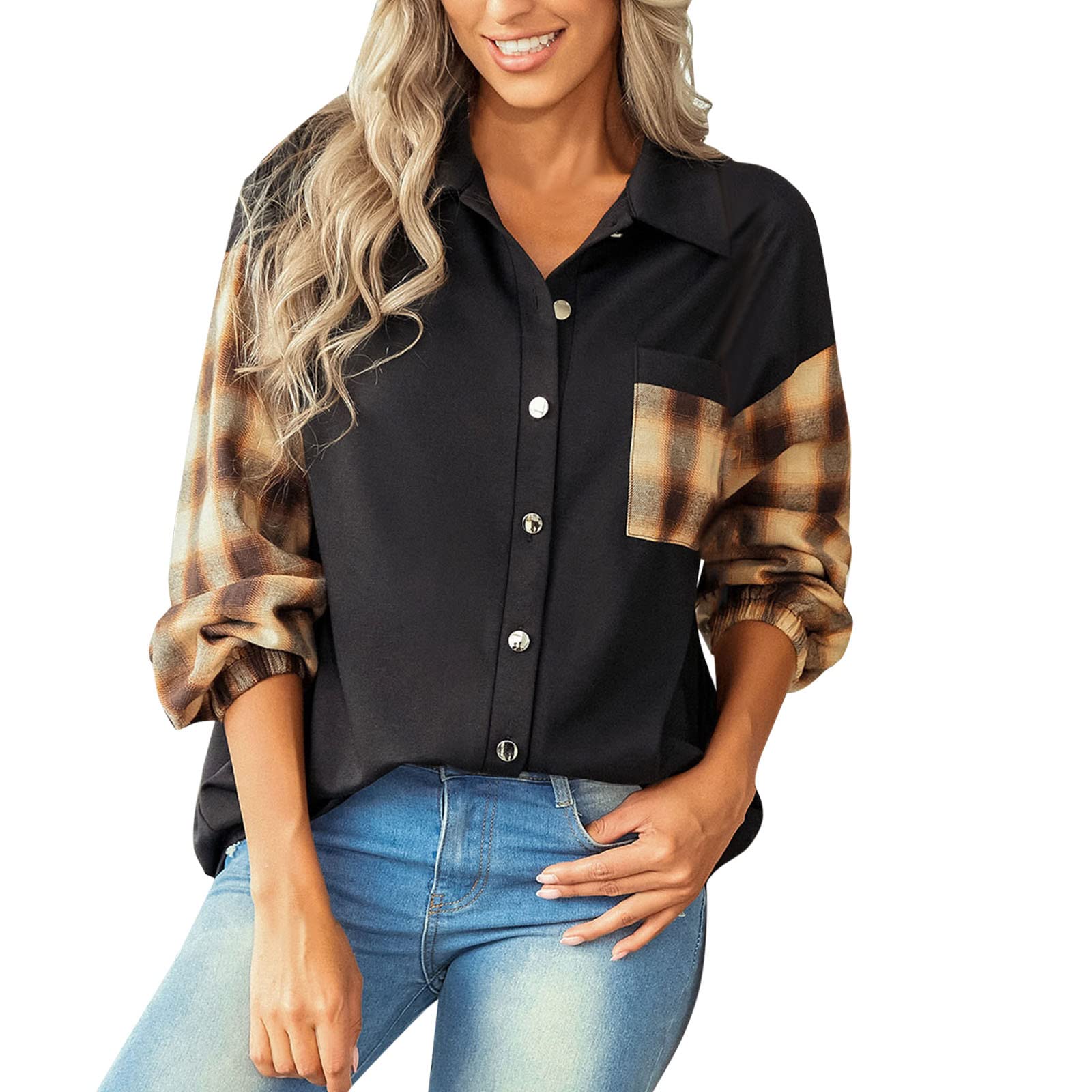 GuGsi Women's Plaid Print Button Down Shirt - Casual Loose Fit Lapel Blouse for Work, Office & Everyday Wear | Stylish Women's Shirts for Spring & Fall Outfits