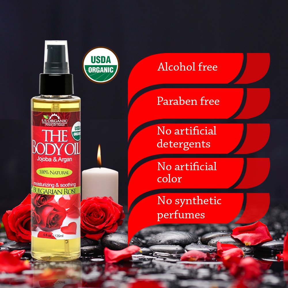 Organic Bulgarian Rose Body Oil with Jojoba & Argan Oil - USDA Certified, Vitamin E Enriched, Alcohol & Paraben Free - Romantic & Sensual Moisturizer for Dry Skin, Massage & Aromatherapy