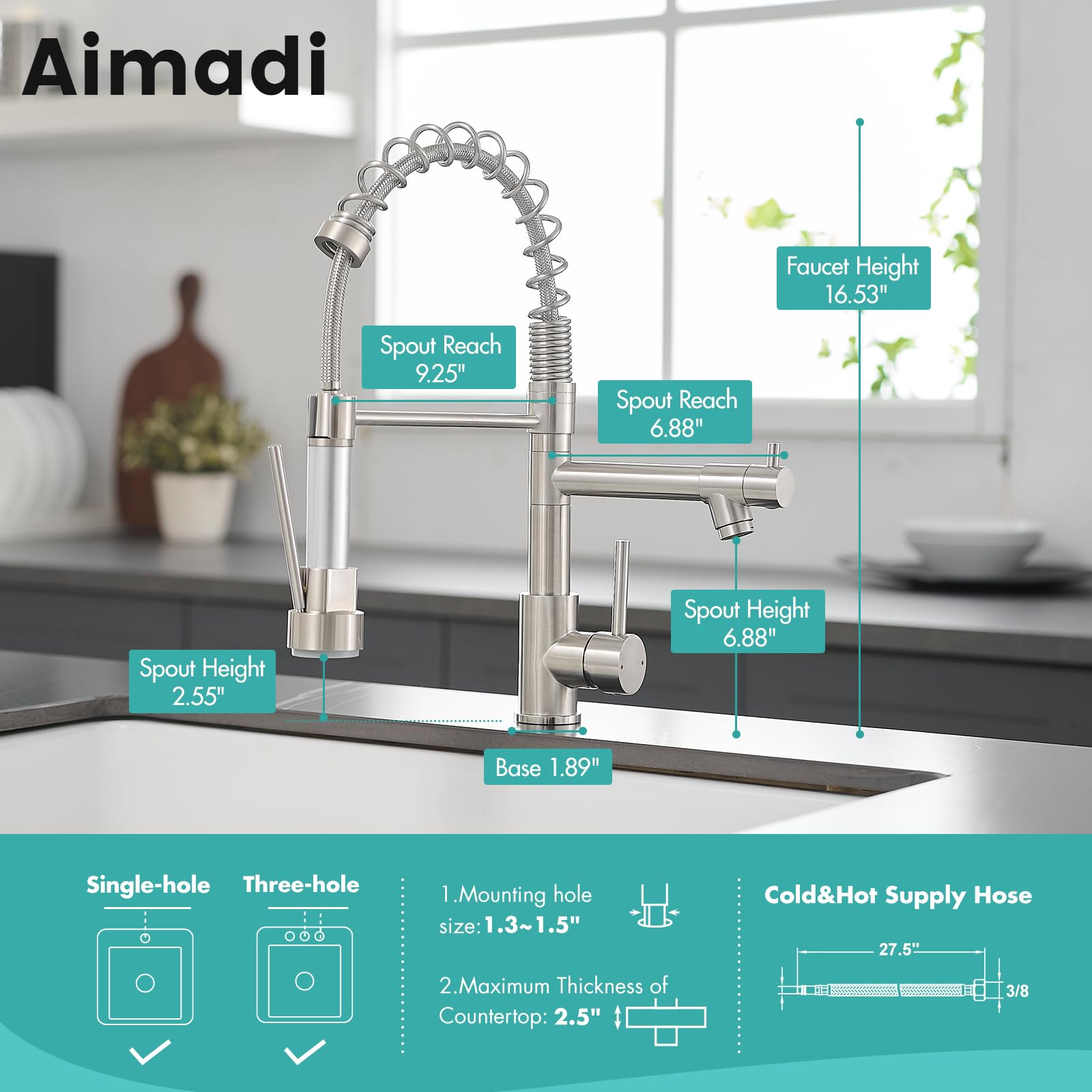 AIMADI Brushed Nickel Single Handle Pull Down Kitchen Faucet - Stainless Steel Contemporary Sink Faucet with Sprayer for Modern Home Kitchen Renovation & Upgrade