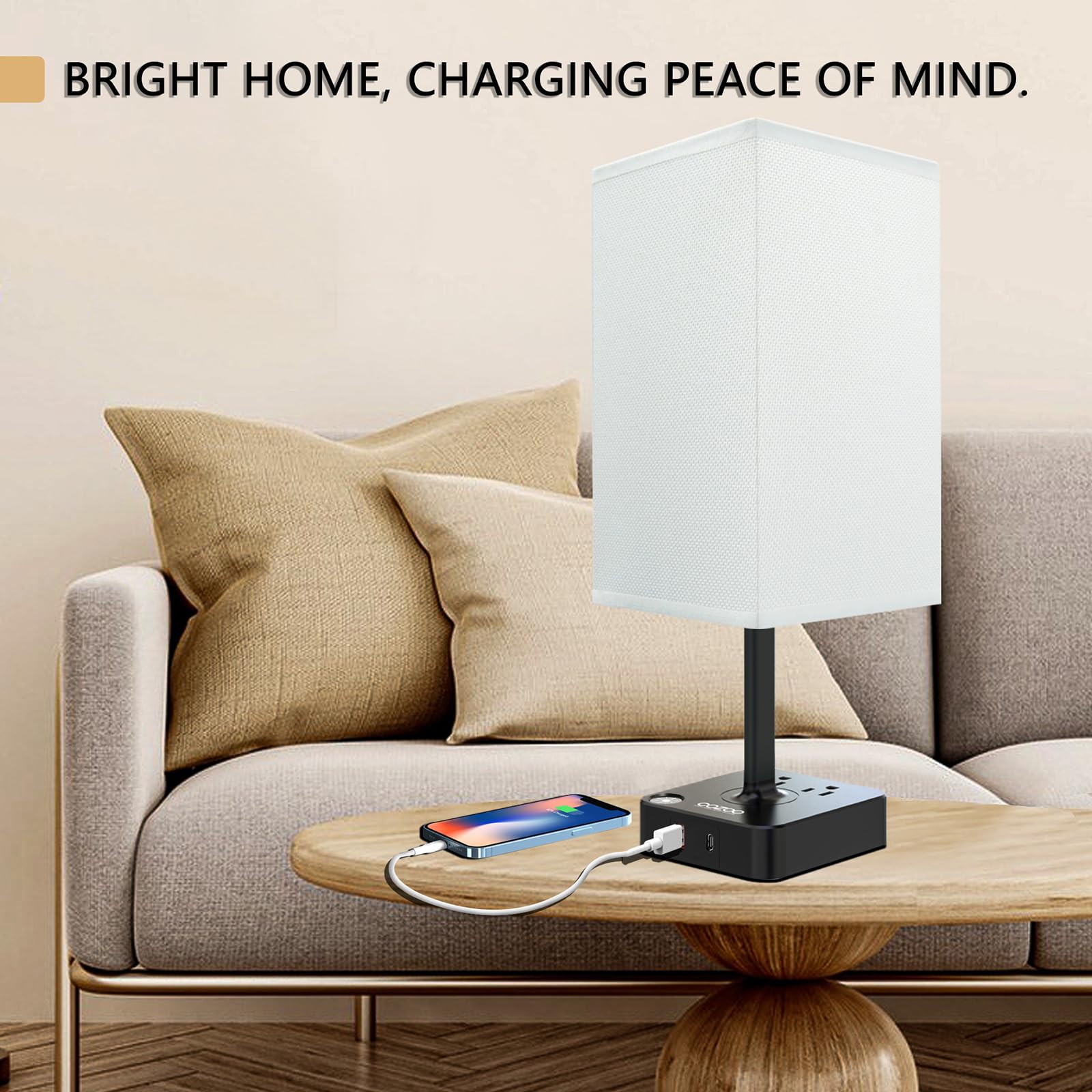 COZOO Modern Bedside Table Lamp with 2 USB Ports & 2 AC Outlets - White Fabric Shade LED Night Light with Charging Station for Bedroom, Living Room, Dorm | Perfect for Reading, Working & Phone Charging at Night