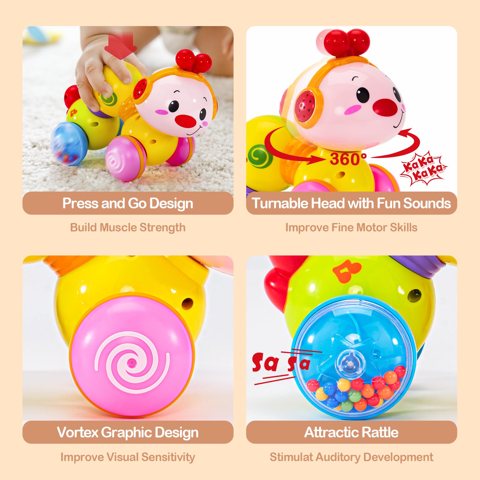 CubicFun Musical Light-Up Crawling Baby Toy - Interactive Press & Go Infant Toy for 6-12 Months Boys & Girls - Perfect for Tummy Time, First Birthday Gifts & Easter Presents