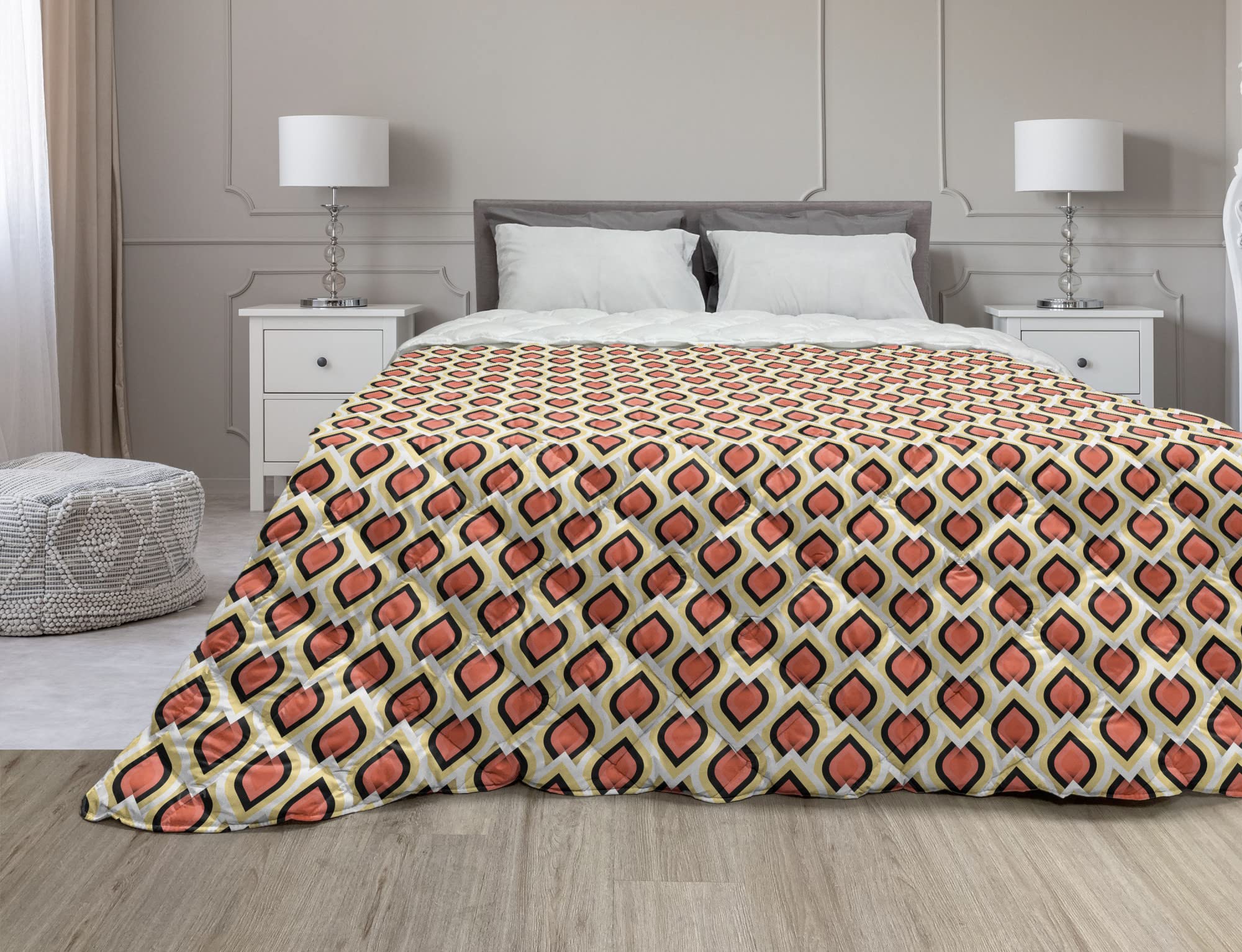Ambesonne Abstract Down Alternative Comforter - Twin Size Beige & Dark Coral Geometric Leaf Design Microfiber All-Season Quilt | Vintage Ethnic Home Decor for Bedroom, Guest Room & Dorm