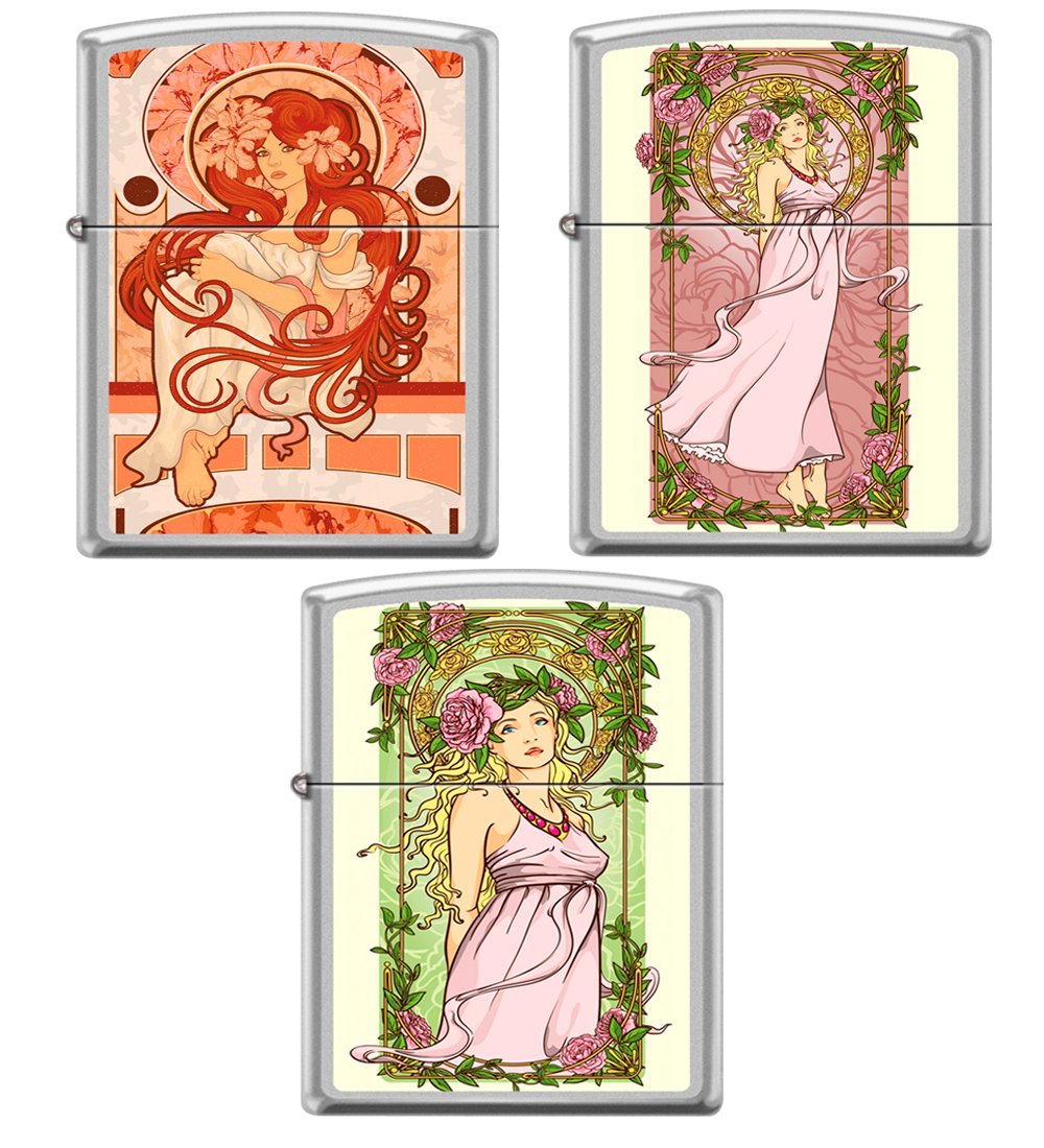 Zippo Nouveau Woman 3-Piece Lighter Set - Mucha Art Nouveau Style Satin Chrome Finish - Perfect for Collectors, Gifts & Everyday Carry (ECG)