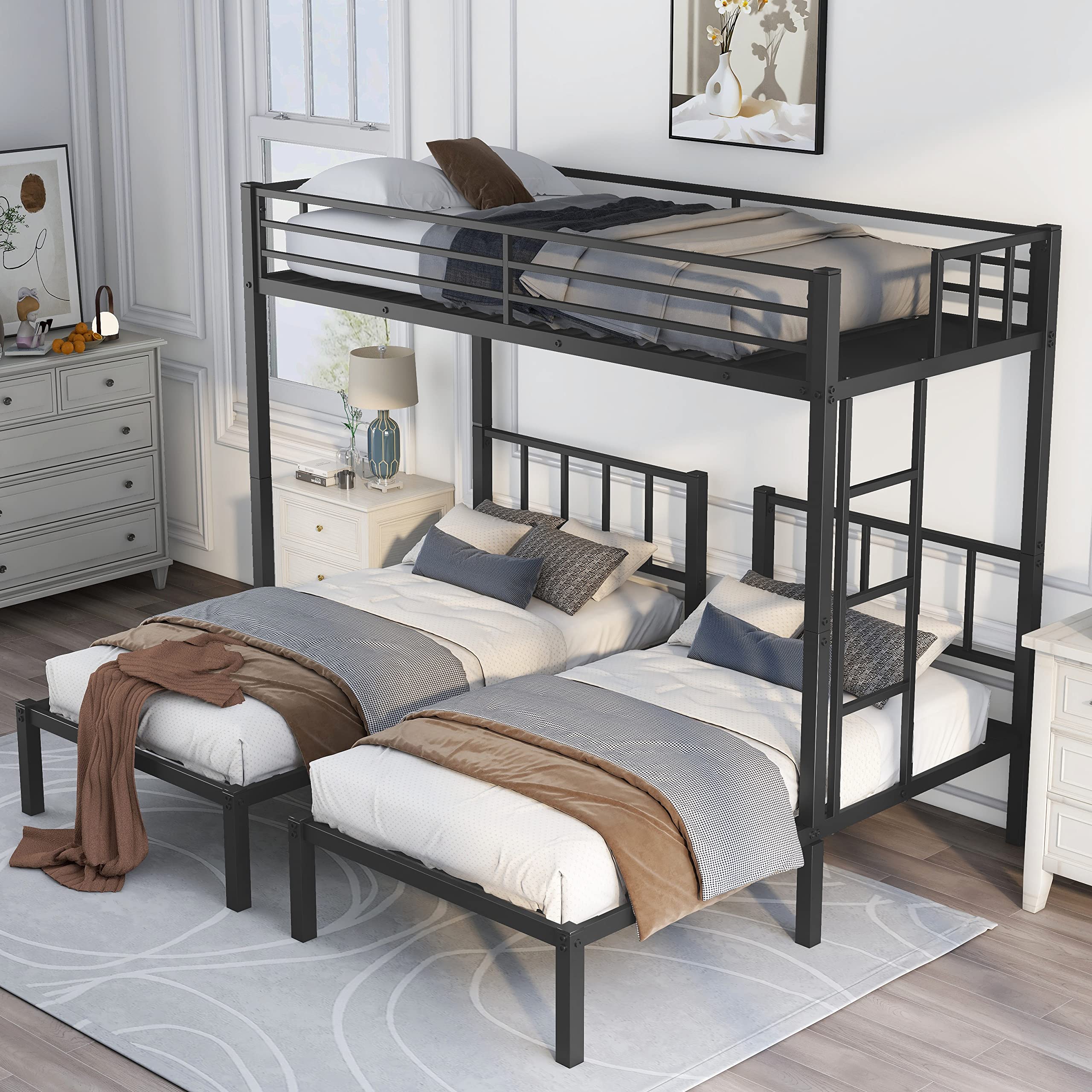 Triple Bunk Bed Metal Frame - Twin Over Twin/Twin Bunk Bed for Kids & Teens - Converts to 3 Separate Beds - Durable Black Finish - Perfect for Shared Kids' Rooms, Sleepovers & Space-Saving Bedroom Solutions