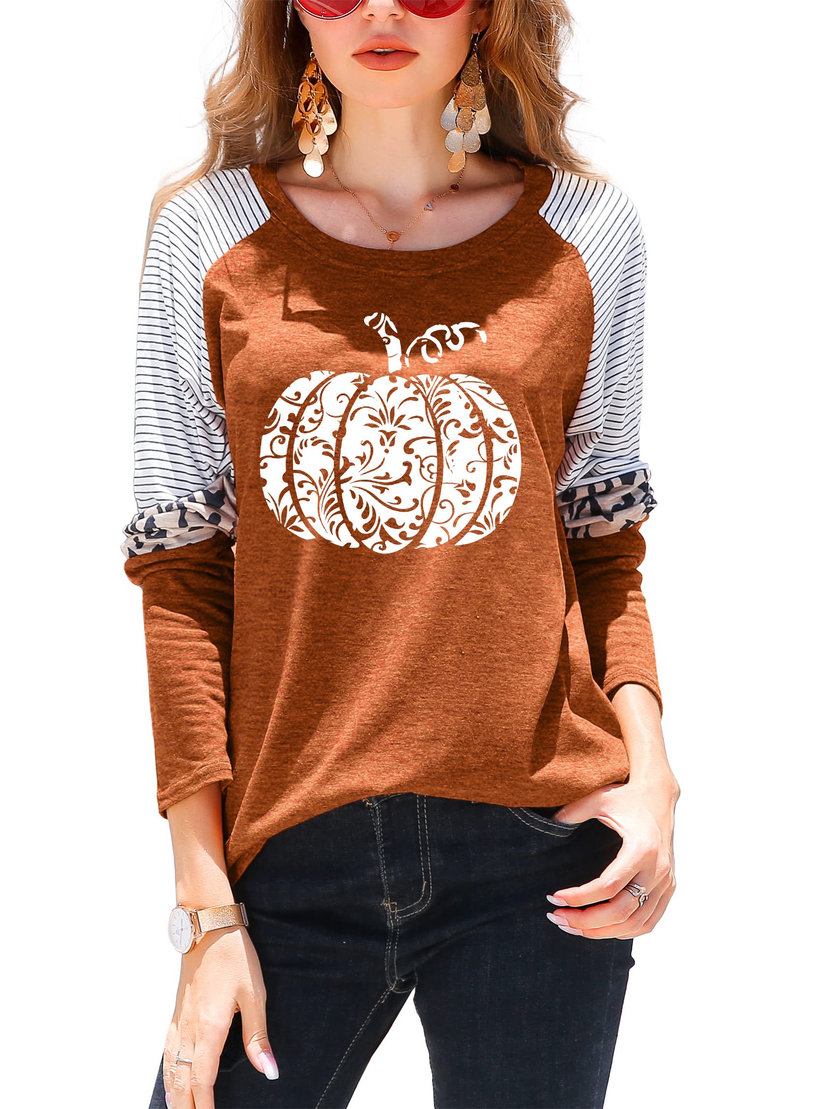 Halloween Pumpkin Shirt for Women - Leopard Print Graphic Long Sleeve T-Shirt | Fall Thanksgiving Gift Top | Perfect for Halloween Parties, Autumn Outfits & Cozy Seasonal Wear