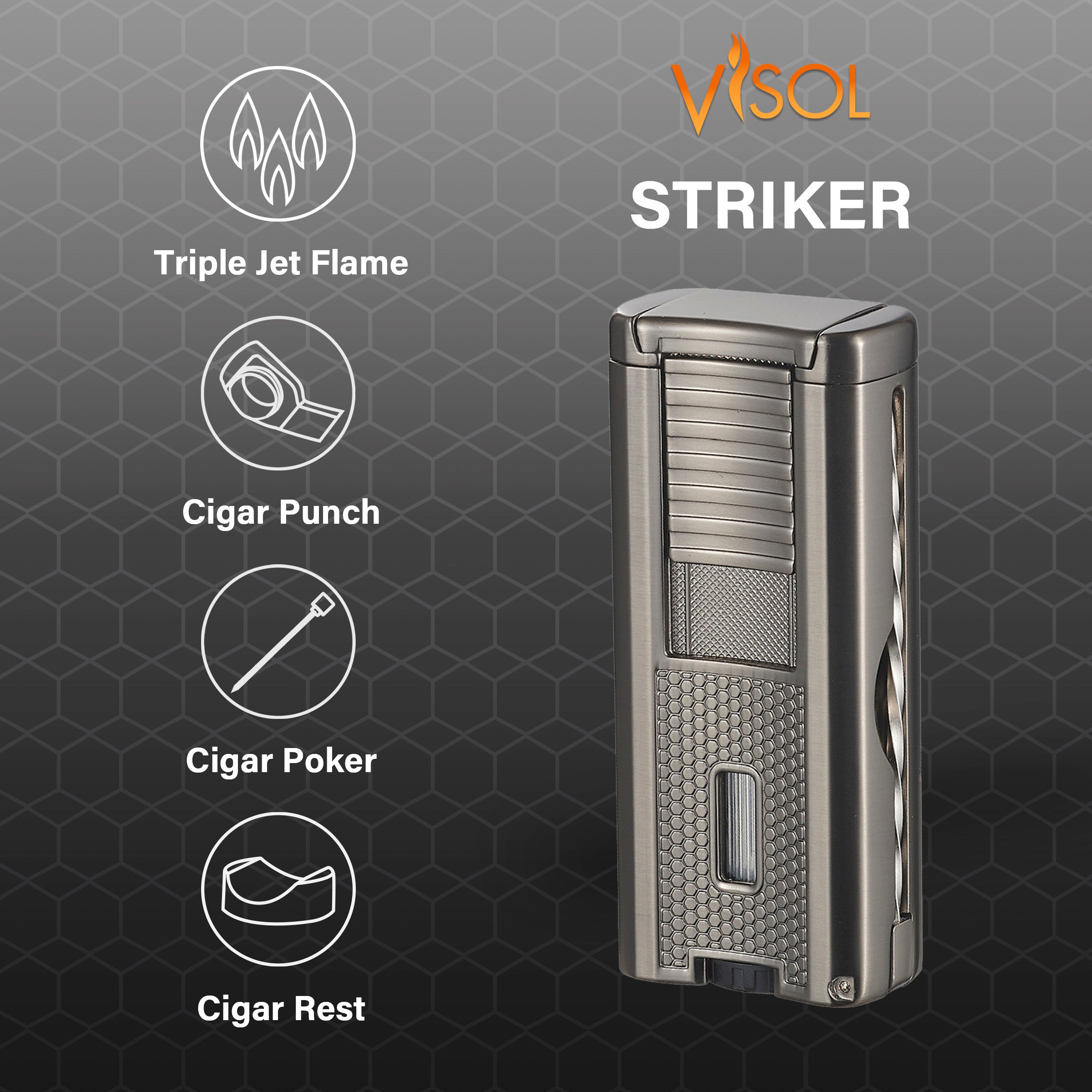 Visol Striker Triple Torch Flame Lighter with Cigar Poker - Windproof Butane Lighter for Cigars, Cigarettes & Outdoor Use (Gunmetal) - Perfect for Camping, BBQ & Survival Gear