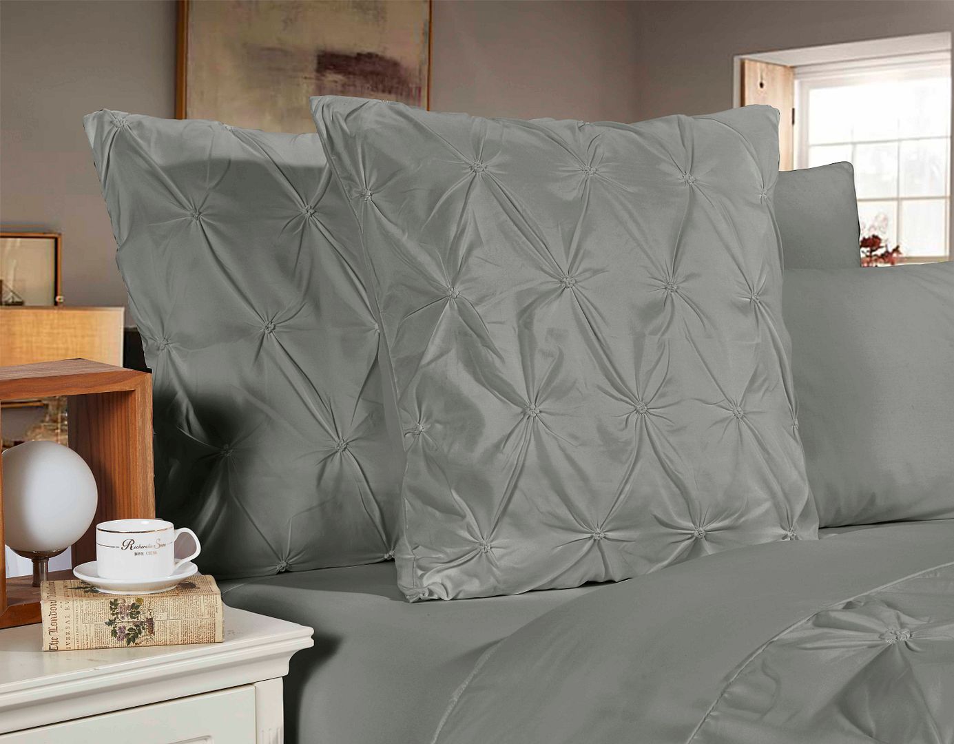 Premium Diamond Pintuck Ultra Soft European Pillowcases - 2 Pack Luxury Bedding Set (Grey) for Master Bedroom, Guest Room & Hotel Decor