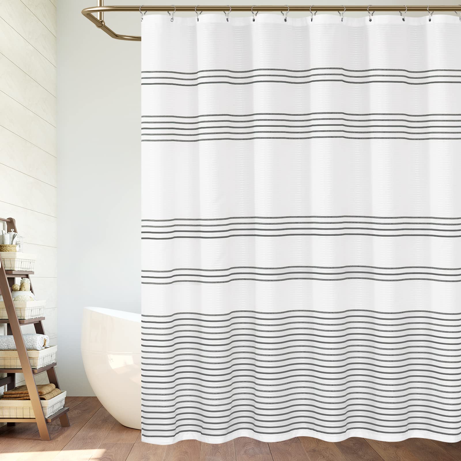 Vangao Grey and White Striped Waterproof Shower Curtain - Textured Fabric Bathroom Curtain Set with Hooks (70x72 Inch) | Modern Hotel Style, Machine Washable | Perfect for Bathroom Decor, Guest Rooms & Spa Retreats