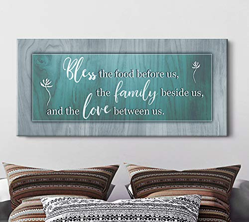 Bless the Food Before Us - Framed Wall Art for Kitchen & Dining Room Decor - Teal 42x19 Inch - Perfect for Farmhouse, Rustic & Christian Home Décor