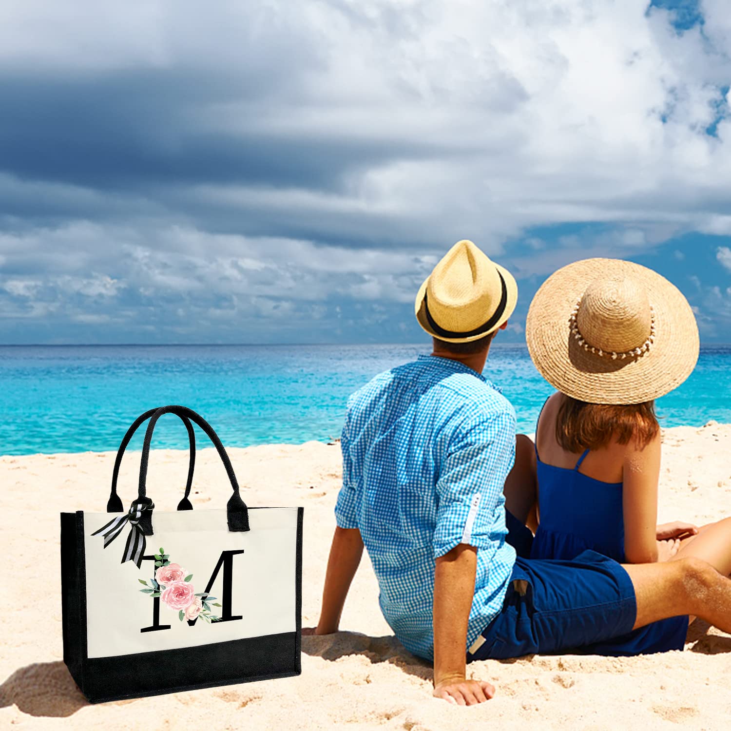 Personalized Canvas Beach Tote Bag with Printed Letter - Cute Gift for Women, Mom, Friends, Teachers & Bridesmaids - Perfect for Beach Trips, Shopping & Everyday Use