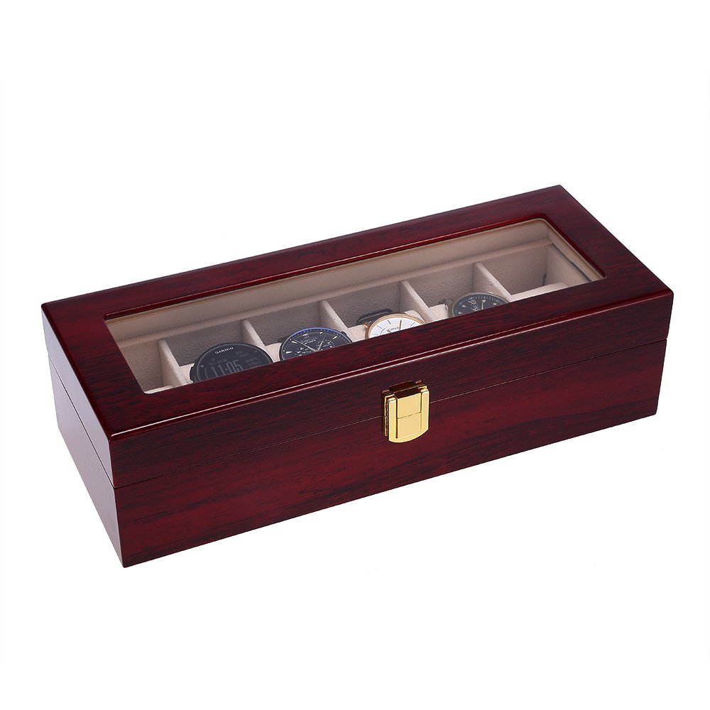 Premium 6-Slot Wooden Watch Box with Glass Lid & Removable Pillows - Luxury Watch Storage Case for Men & Women (Brown, Peach, Clear) - Perfect for Watch Collectors, Gift Giving & Jewelry Organization