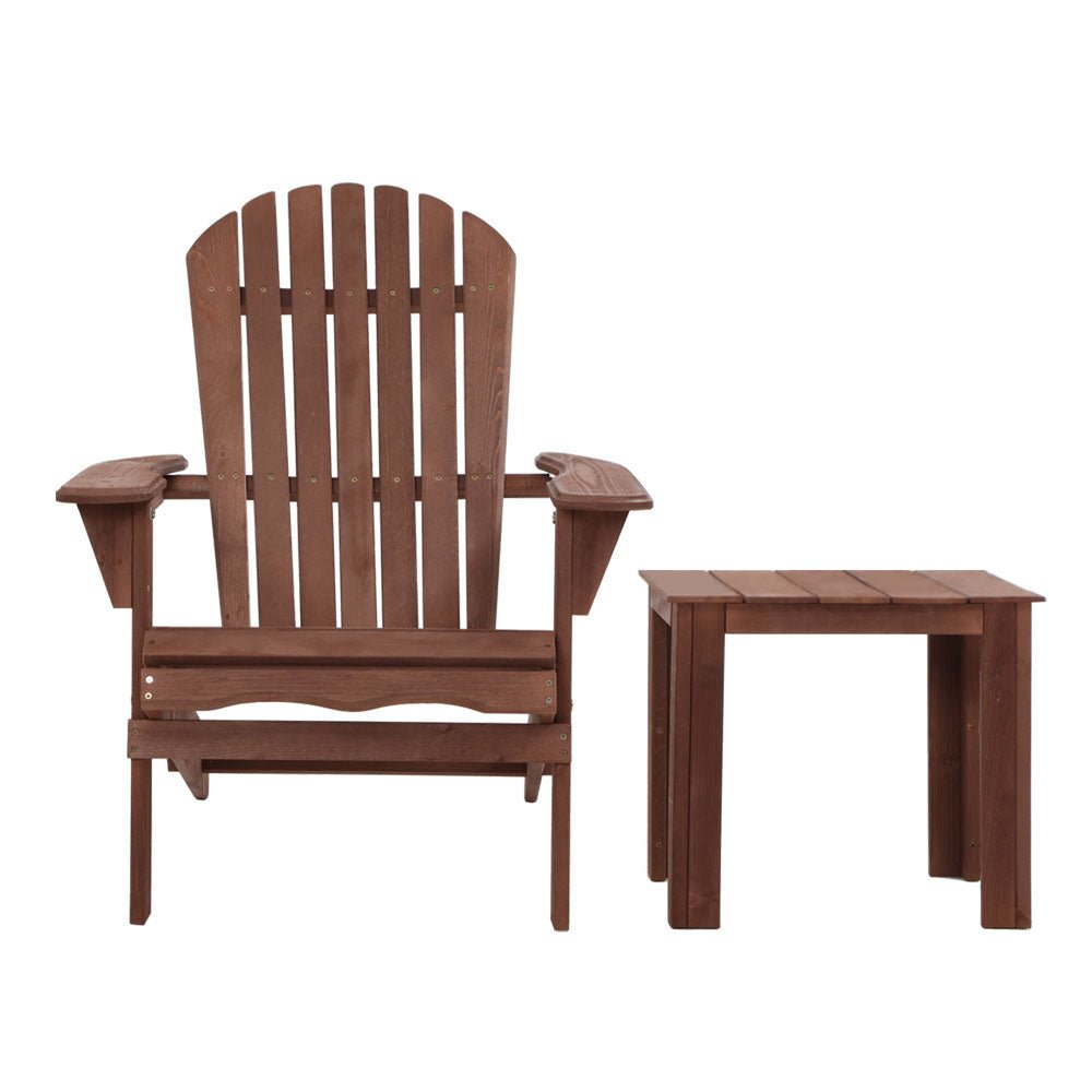 3PC Adirondack Outdoor Table and Chairs Set - Foldable Wooden Patio Furniture for Garden, Beach, Poolside - Weather-Resistant Brown Finish for Backyard Relaxation