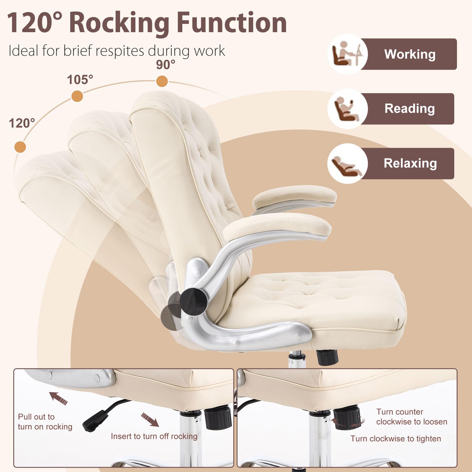 Modern Leather Office Chair - Ergonomic Mid-Back Executive Desk Chair with Flip-Up Arms, Swivel & Rocking Base, Wheels for Home Office | Comfortable Computer Task Chair for Work, Gaming & Conference Rooms