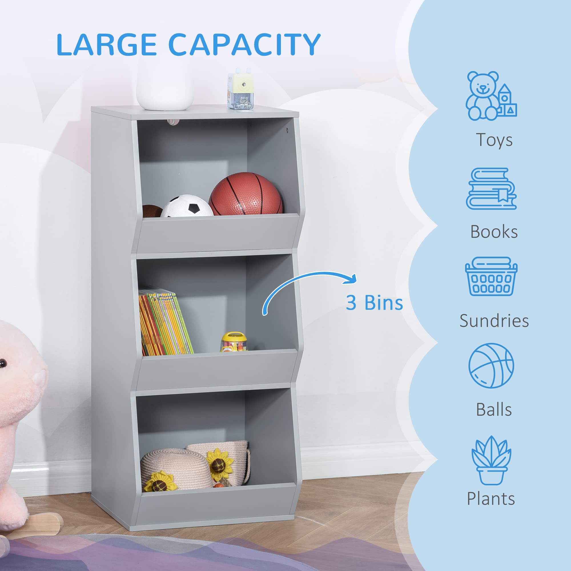 HOMCOM 3-Tier Kids Storage Cabinet with Anti-Tip Design, 35.5