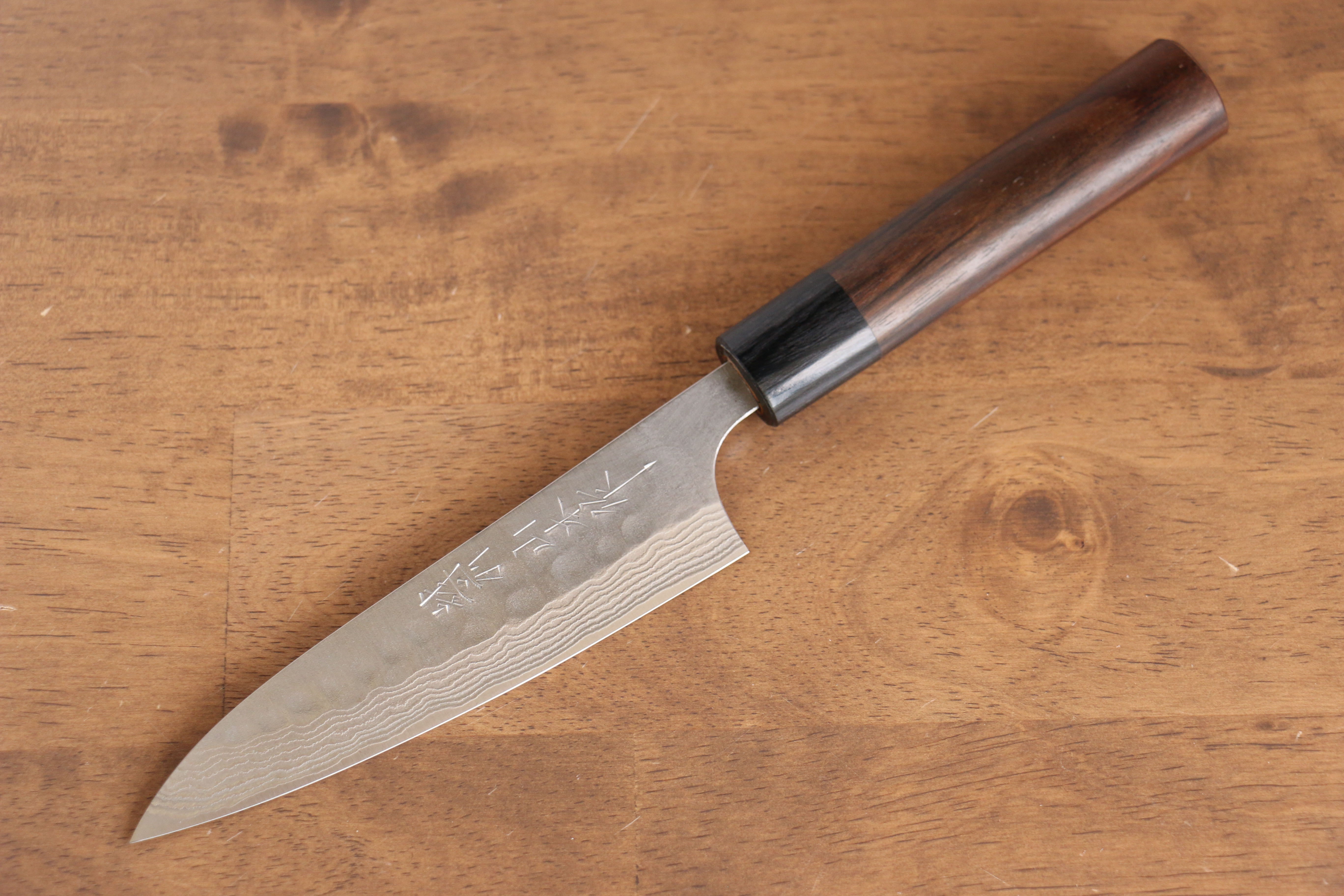 Nao Yamamoto 135mm Damascus Petty Knife - Hand Forged Silver Steel Nashiji Finish with Shitan Wood Handle - Perfect for Slicing, Peeling & Precision Kitchen Tasks