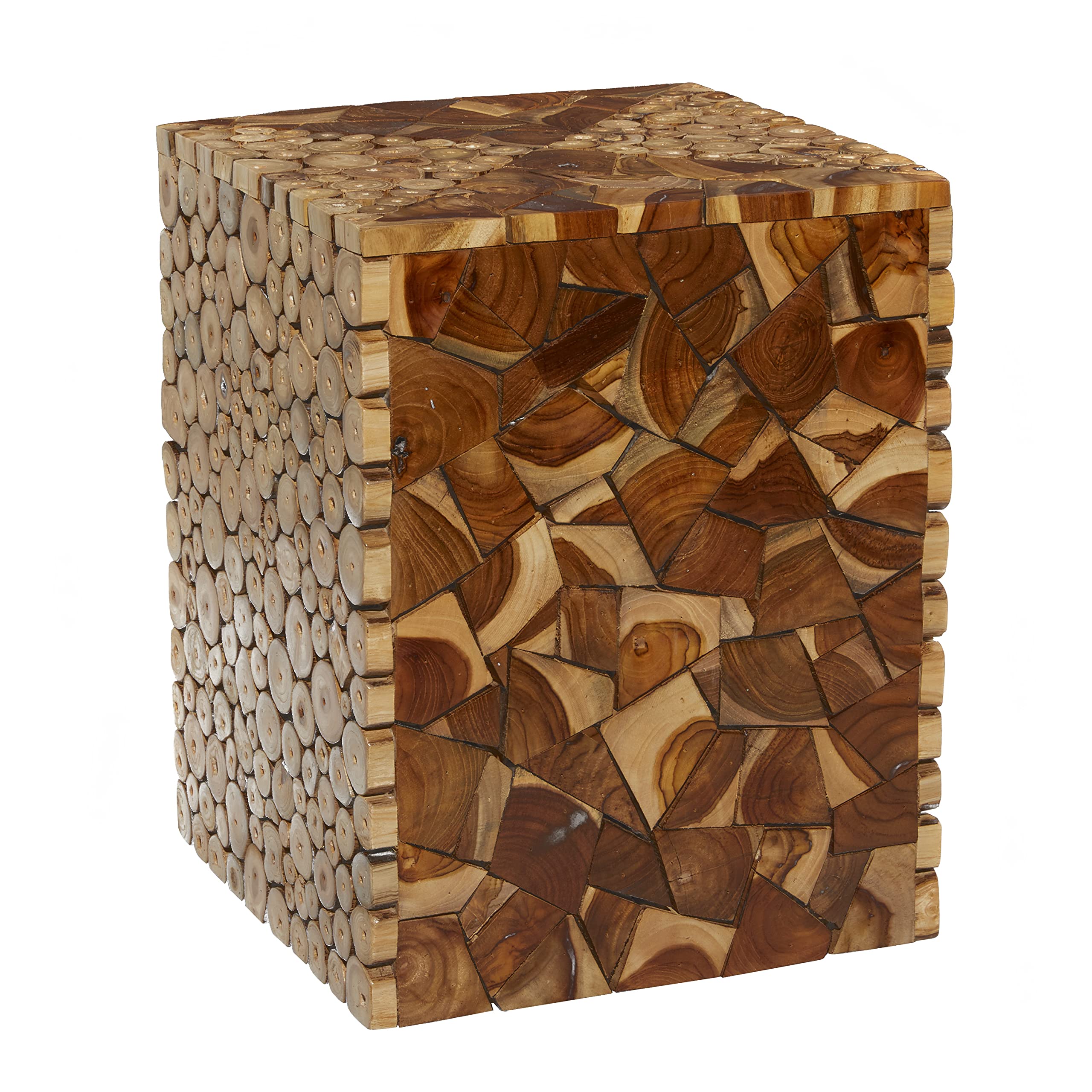 Handcrafted Teak Wood Accent Table with Mosaic Wood Chip Design - 14