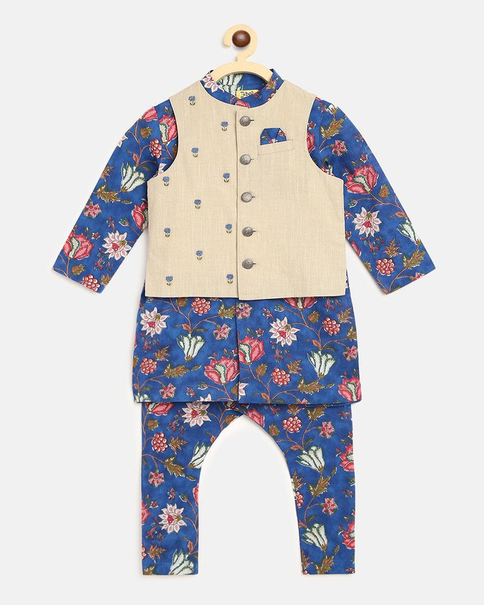 Pre Order: Boys Bundi Kurta Set - Floral Printed Blue Ethnic Outfit for Festivals & Special Occasions