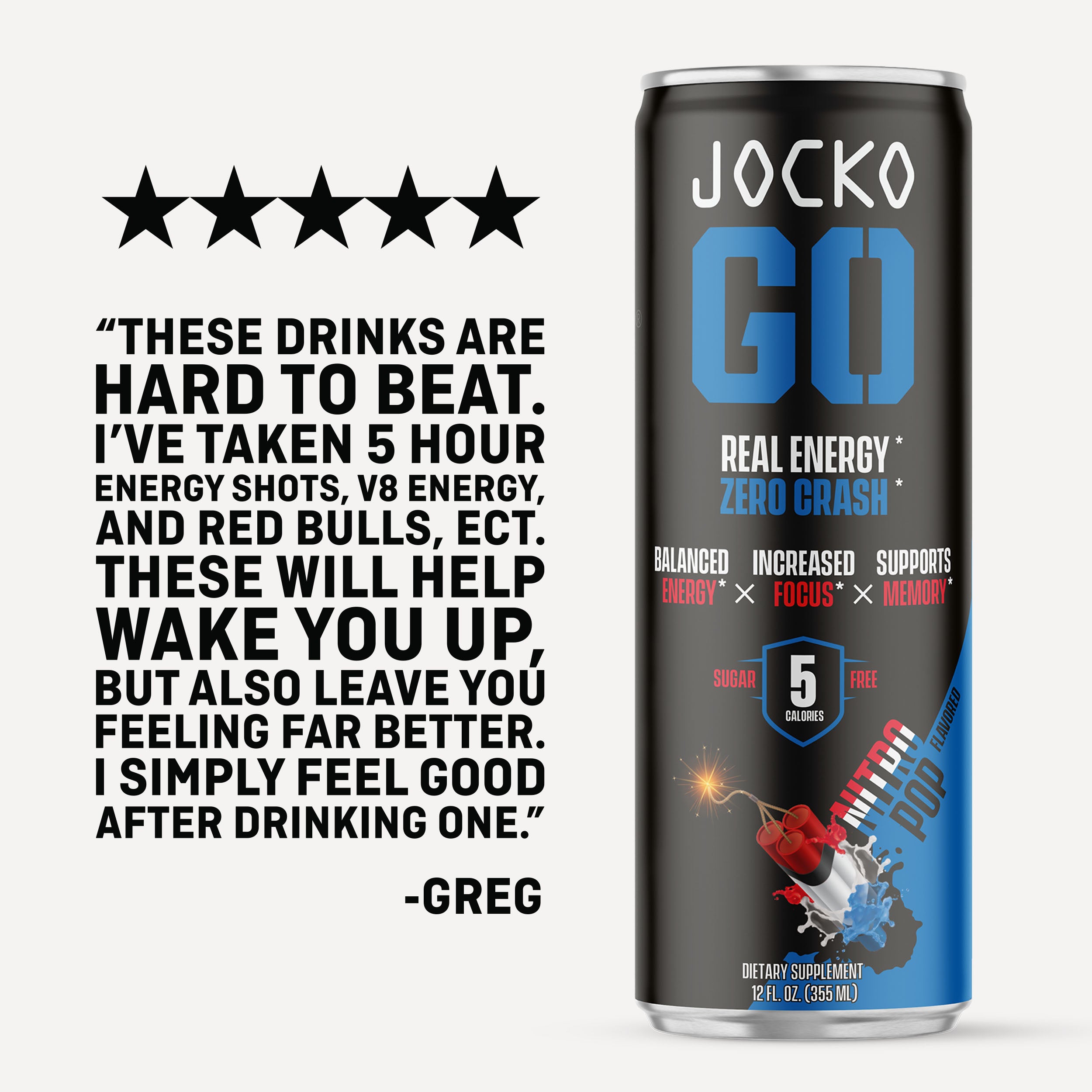 JOCKO GO Energy Drink - 12 Pack | Sugar-Free Pre Workout & Post Workout Supplement | Boost Energy & Focus for Gym, Running & Fitness