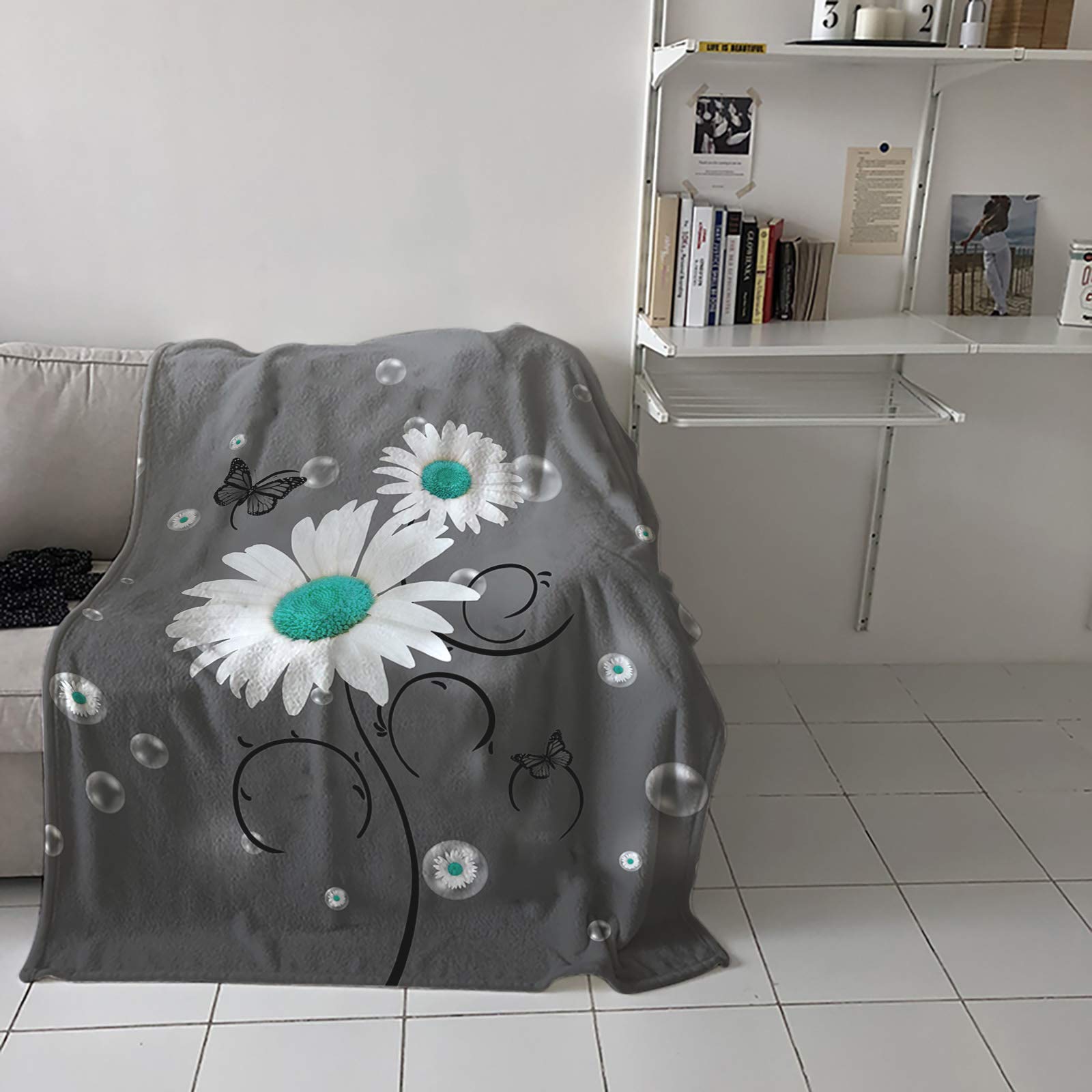Soft Flannel Fleece Throw Blanket - Teal Blue Daisy Butterfly Design on Grey Background - Lightweight Cozy Blanket for Bed, Sofa & Couch (59x79 inches) - Perfect for Home Decor, Gifts & Souvenirs - Great for Lounging, Movie Nights & Winter Warmth