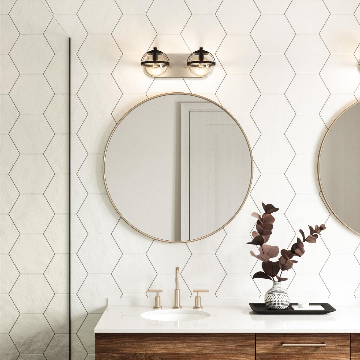 Elk Home Davenay 2-Light Vanity Bathroom Light Fixture in Satin Nickel Finish with Clear Glass Shades - Transitional Style for Bathroom Mirror Lighting and Vanity Makeup Area