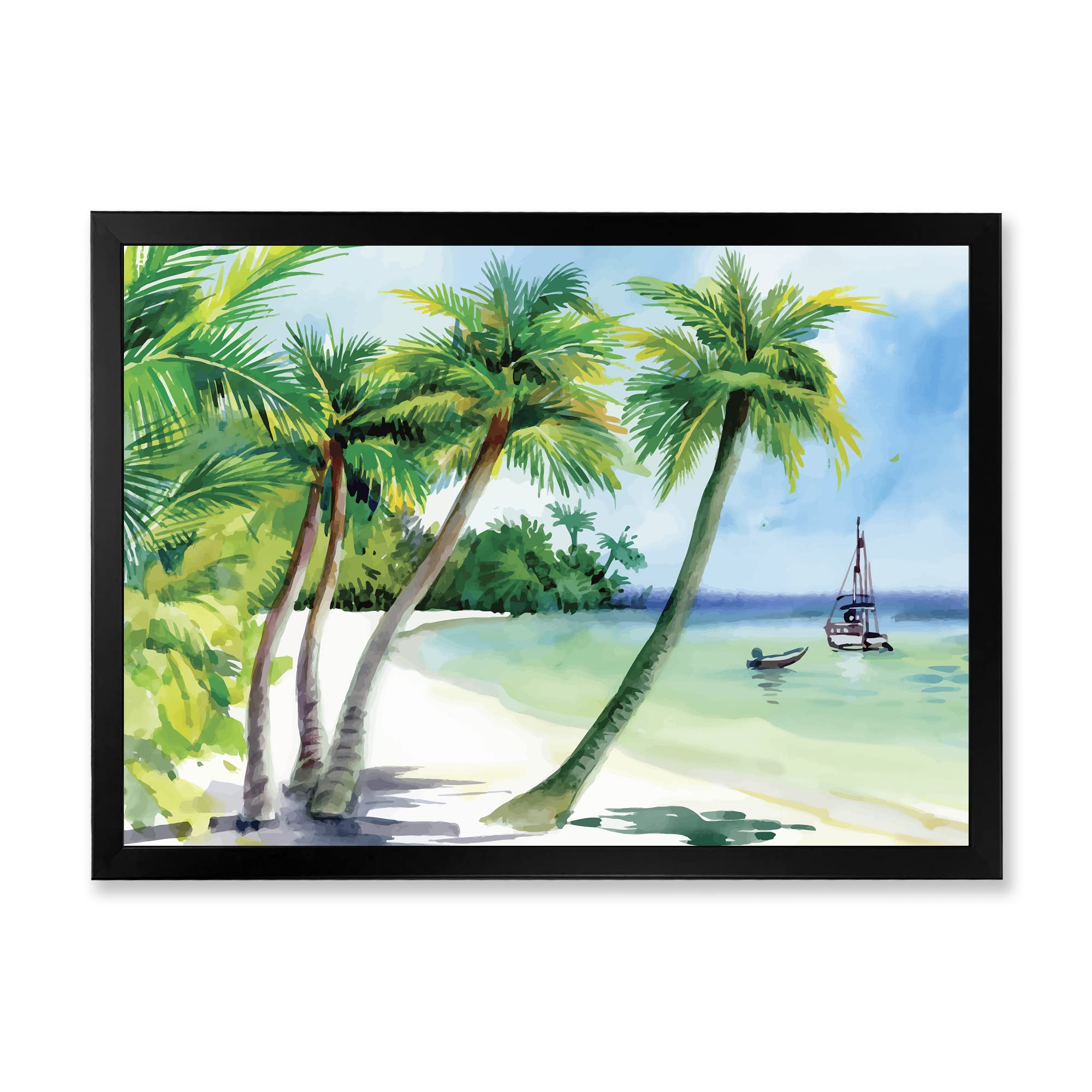 DesignQ Summer Beach Palm Trees Nautical Coastal Framed Wall Art - Tropical Ocean Themed Home Decor for Living Room, Bedroom & Beach House