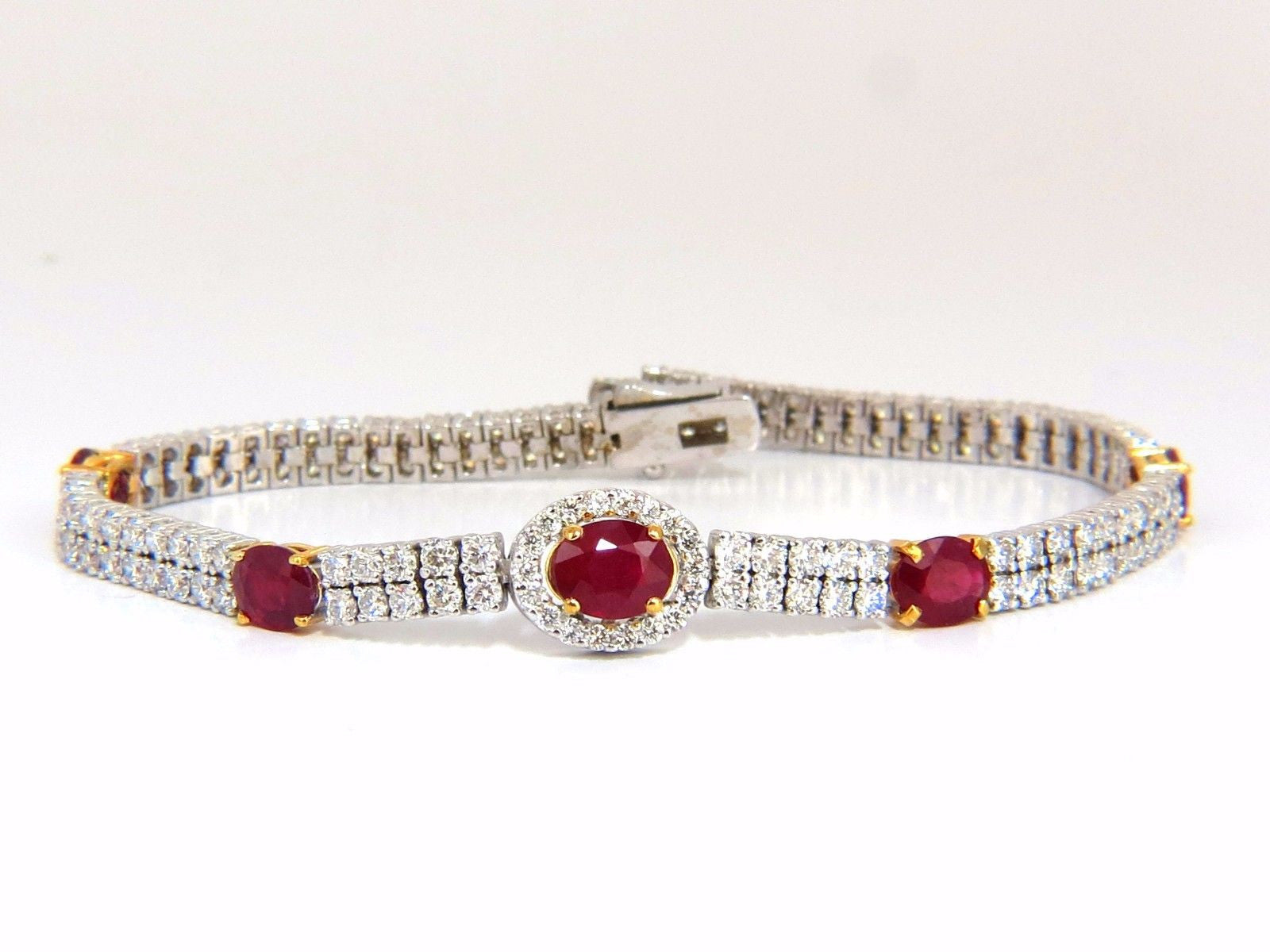 7.34ct Natural Ruby & Diamond Bracelet - 14K Gold Double Row Cluster Vintage Deco Style for Women's Elegant Evening Wear & Special Occasions