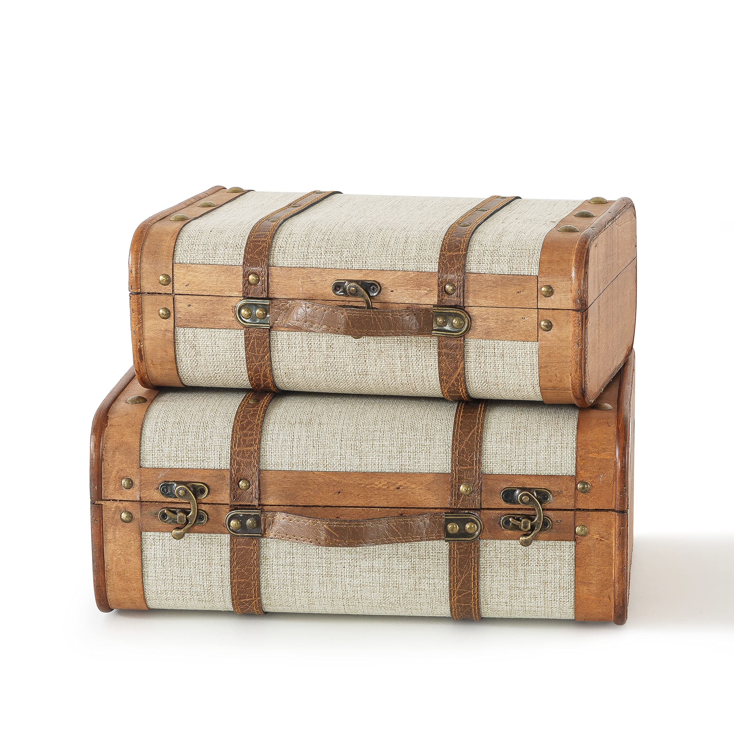 Vintage Wooden Suitcases Set of 2 - Antique Retro Luggage Decor with Lids, Old Style Wood Travel Trunks for Home Storage & Décor | Perfect for Living Room, Bedroom, or Office Display