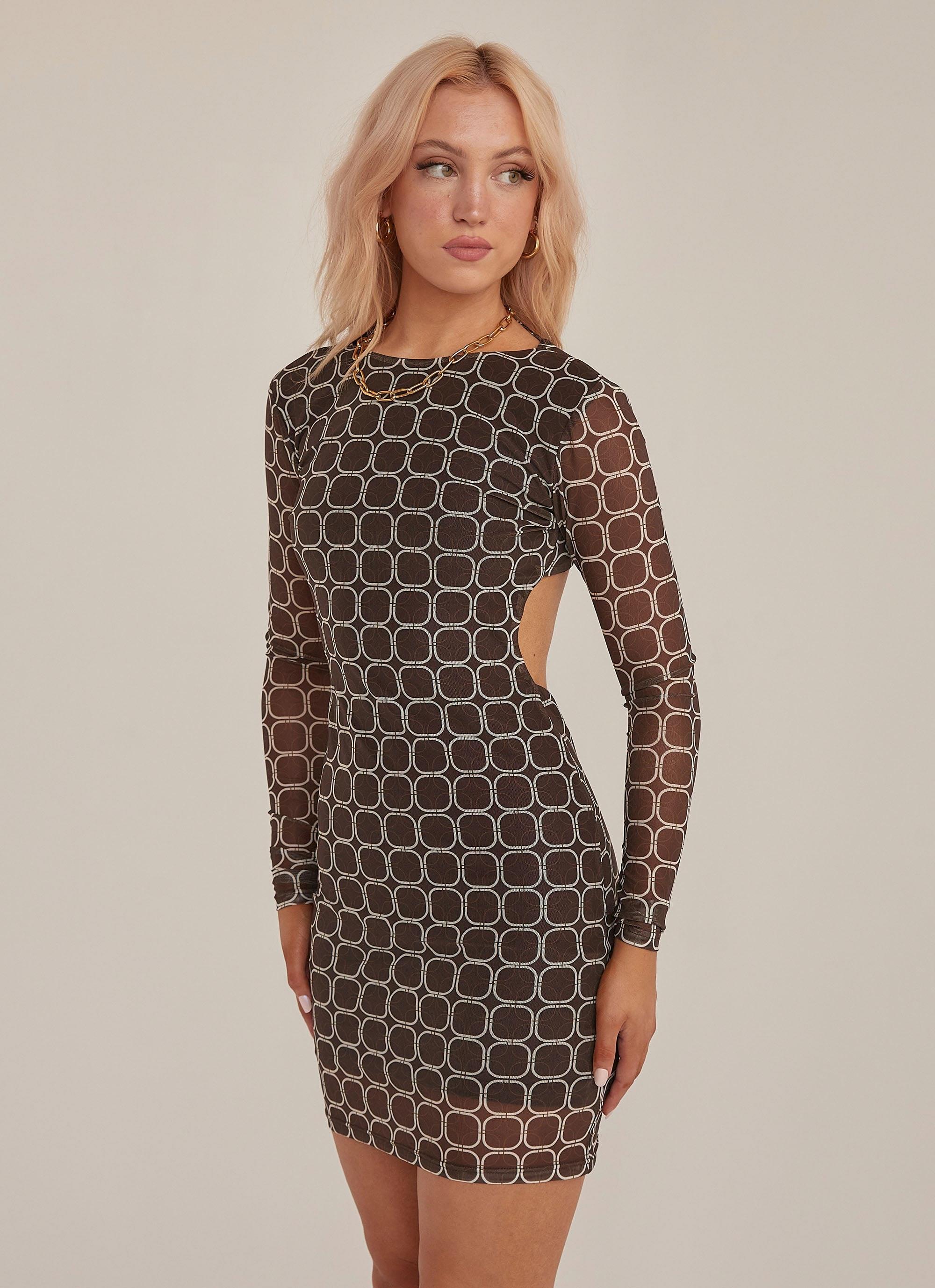 Backstage With You Mini Dress - Chocolate Geometric Print | Flirty Party Outfit & Nightclub Wear