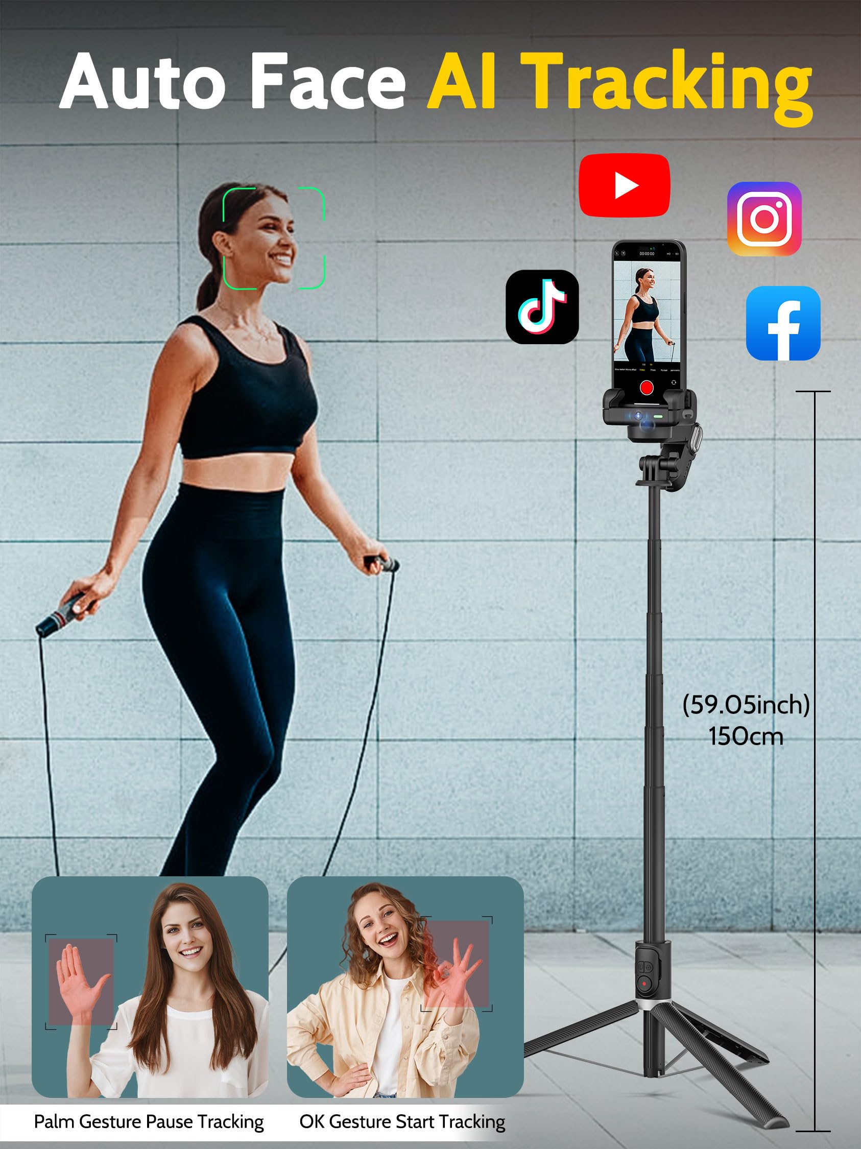Auto Face Tracking Tripod Stand with 360° Rotation & RGB Light - Smartphone Tripod for iPhone/Android, Remote Control for YouTube/TikTok Vlogging, Perfect for Live Streaming, Video Recording & Selfies (M2Pro Black)