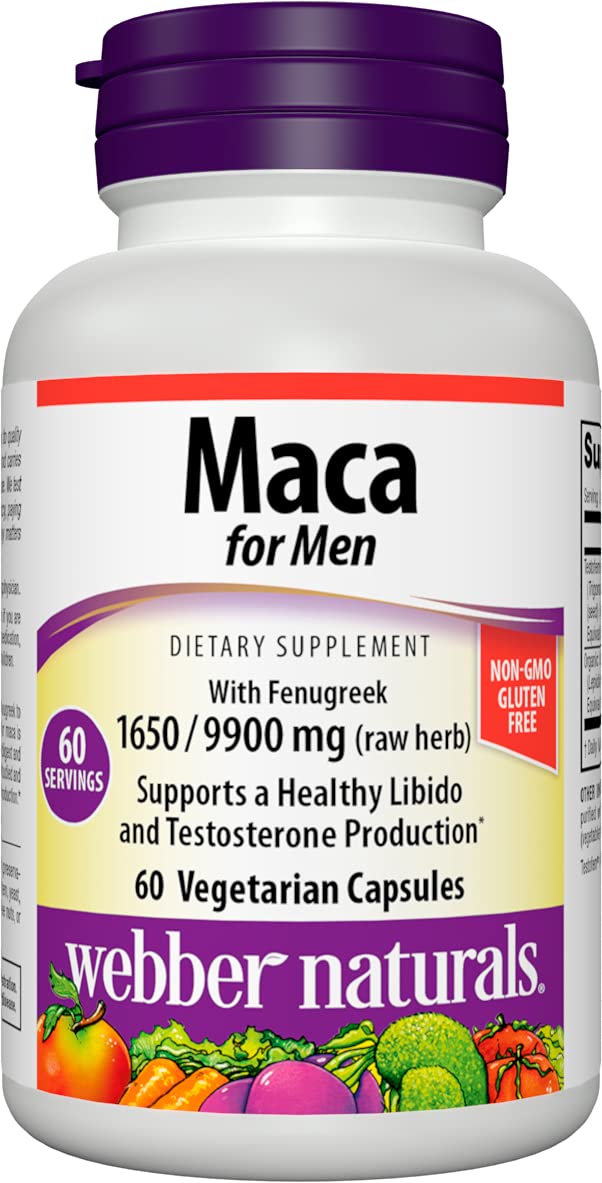 Webber Naturals Maca for Men - 1,650mg Organic Maca & 9,990mg Fenugreek per Pill - 60 Vegetarian Capsules - Supports Energy, Mood & Vitality - Gluten Free, Non-GMO, Vegan - Perfect for Workout Recovery & Daily Wellness