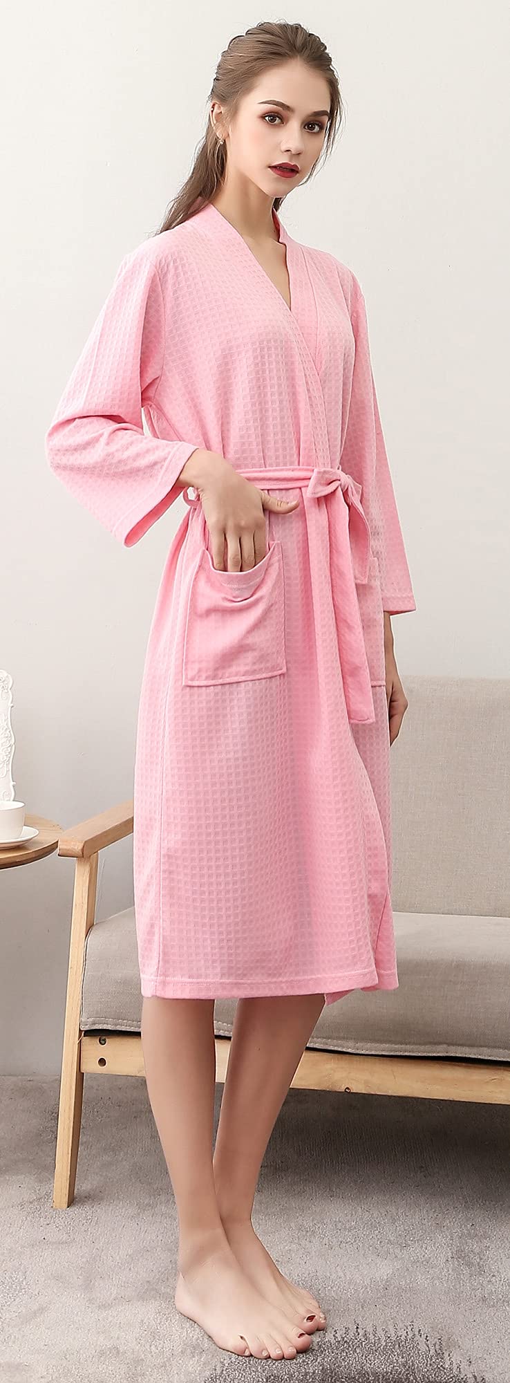 Cromoncent Women's Lightweight Waffle Spa Robe - Knee Length Soft Kimono Bathrobe for Women & Men | Perfect for Spa, Bath, Lounge & Resort Wear