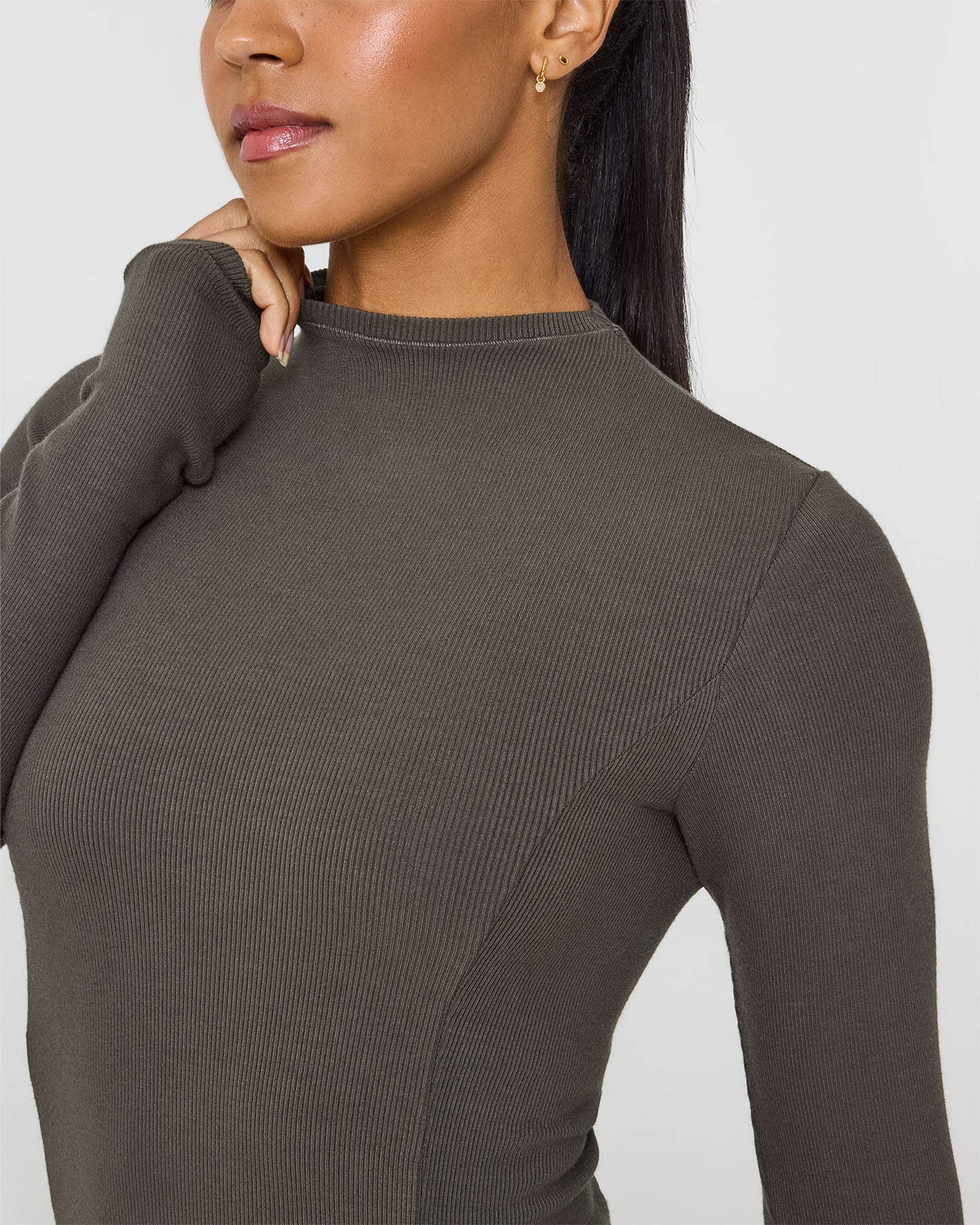 Mellow™ Rib Mock Neck Long Sleeve Top for Women - Soft Stretch Comfortable Turtleneck Shirt in Deep Taupe | Perfect for Work, Layering & Casual Outfits