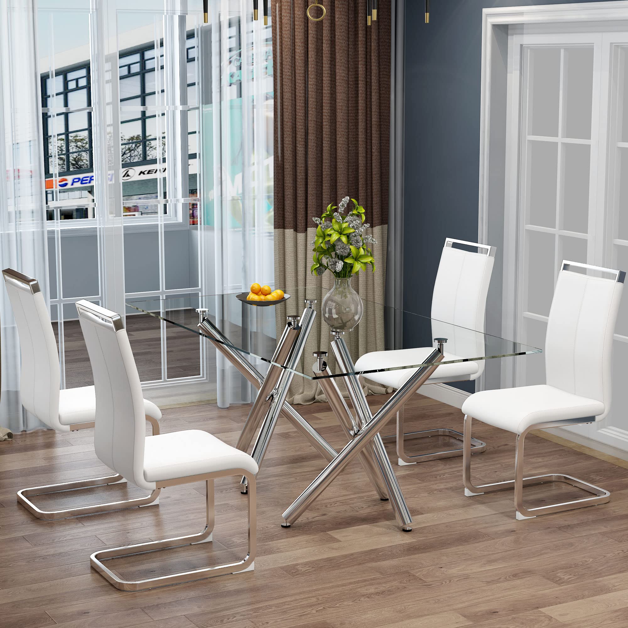 AZmac Modern Leather Dining Chairs Set of 4 - Armless Kitchen Chairs with Upholstered Padded Seat & Sturdy Chrome Legs - White PU Leather for Dining Room, Kitchen, Restaurant, Office & Home Decor