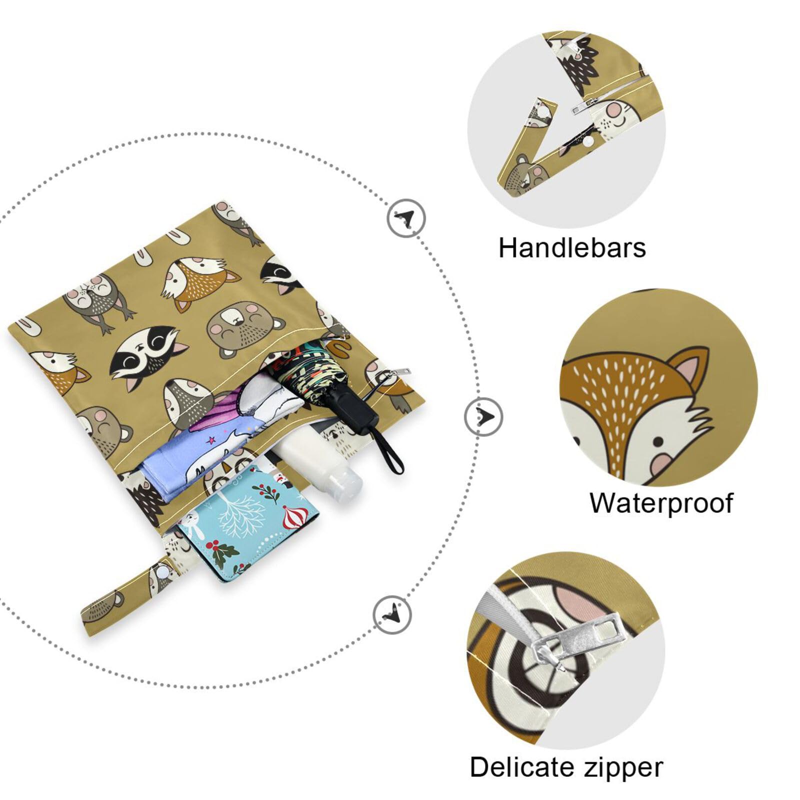 Waterproof Reusable Wet Dry Bags with Two Zippered Pockets - Cute Woodland Animals (Owl & Bear) Design - Perfect for Baby Diapers, Swimsuits & Dirty Clothes - Ideal for Travel, Beach, Pool & Gym - 2 Pack Baby Stroller Accessories & Storage Solution