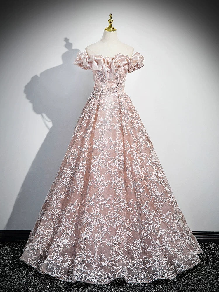 Elegant Off Shoulder A-Line Tulle Lace Pink Long Prom Dress - Formal Evening Gown for Homecoming, Wedding, Quinceañera & Special Occasions