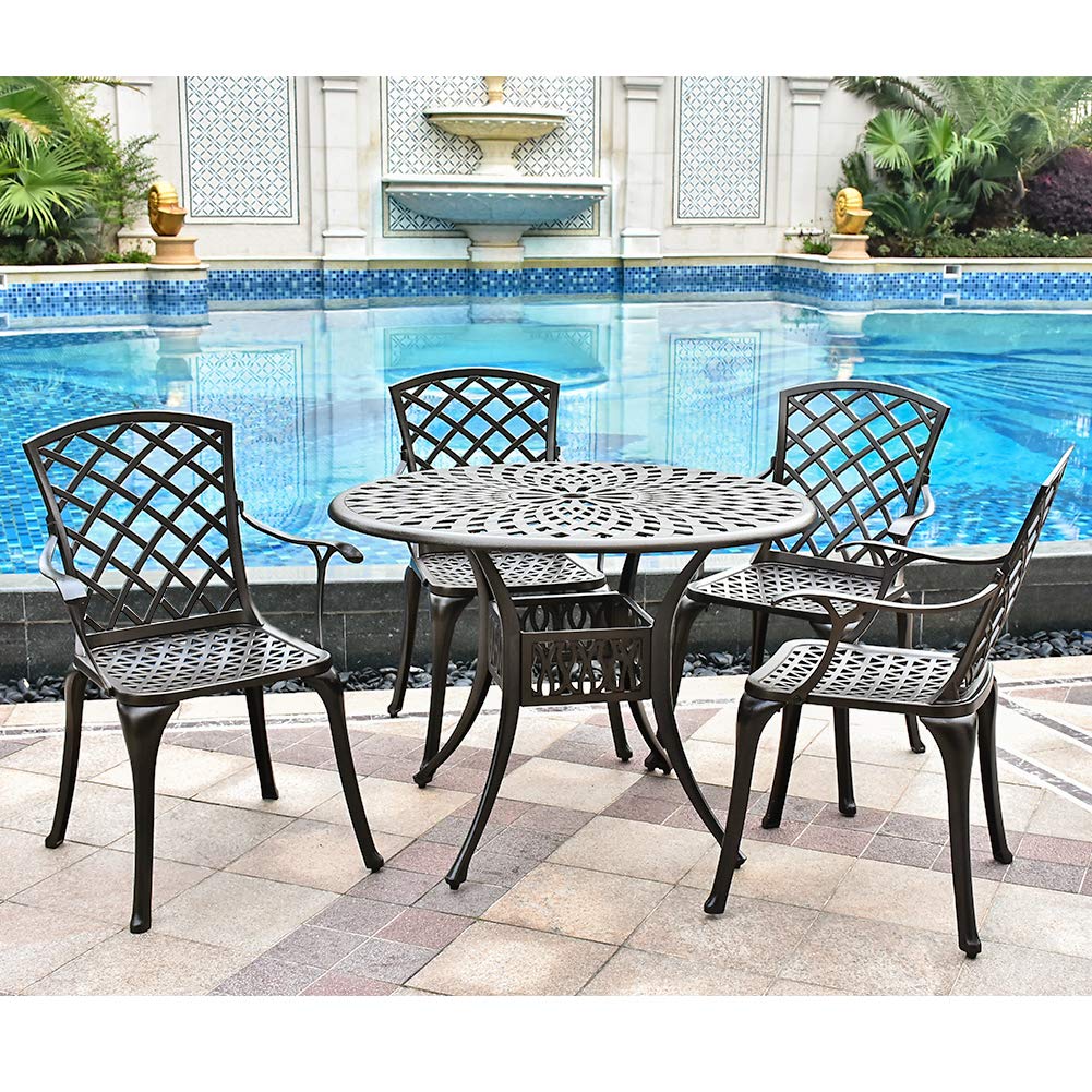 TITIMO 5-Piece Outdoor Patio Dining Set - All-Weather Cast Aluminum Furniture with 4 Chairs & 1 Round Table | Umbrella Hole, Lattice Weave Design | Perfect for Garden, Deck, Backyard & Poolside Dining