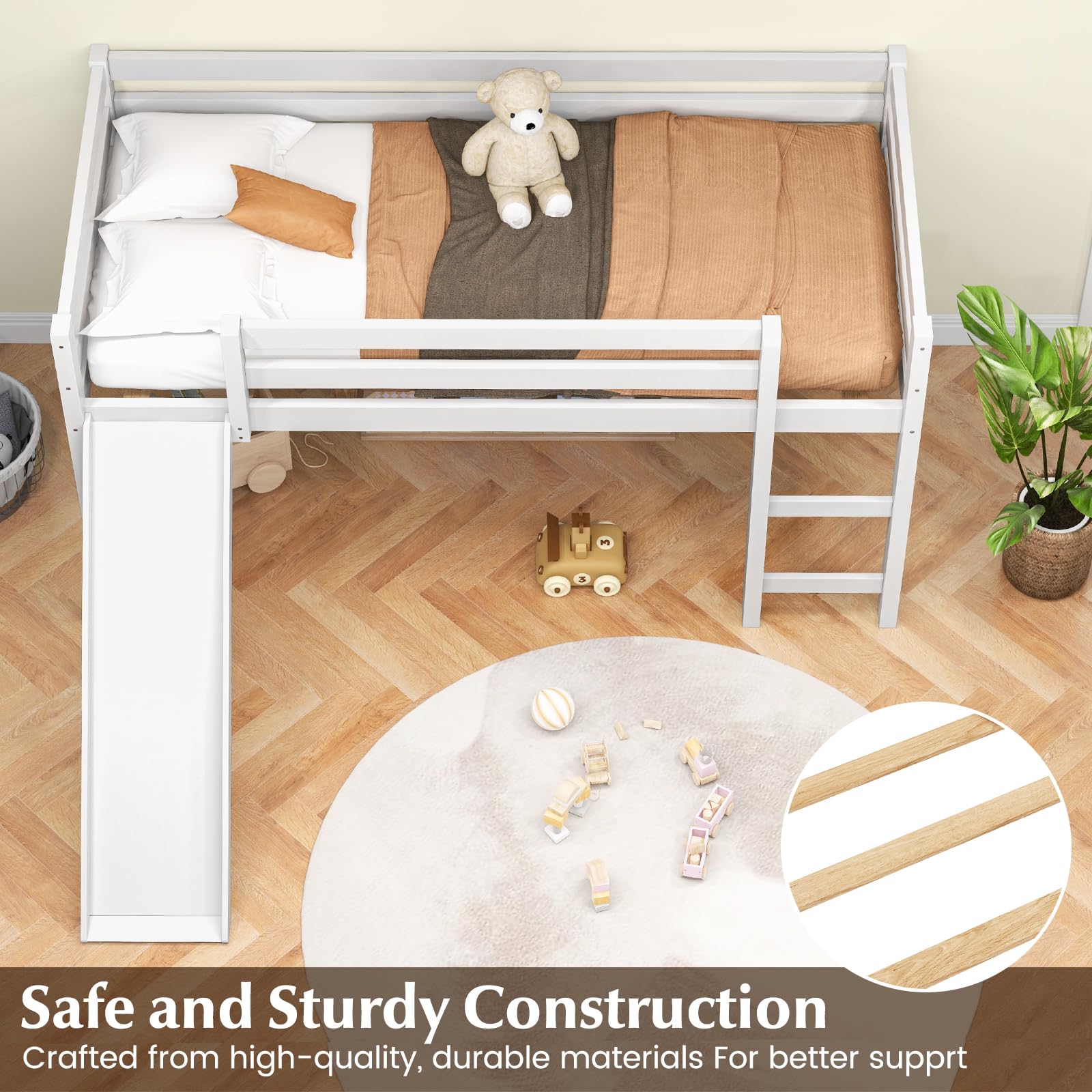 NAFORT Twin Loft Bed with Slide & Stairs - Solid Wood Low Loft Bed Frame for Kids, Girls & Boys - Includes Climbing Ladder, Guard Rails & Slat Support - Perfect for Small Bedrooms, Playrooms & Dorm Rooms