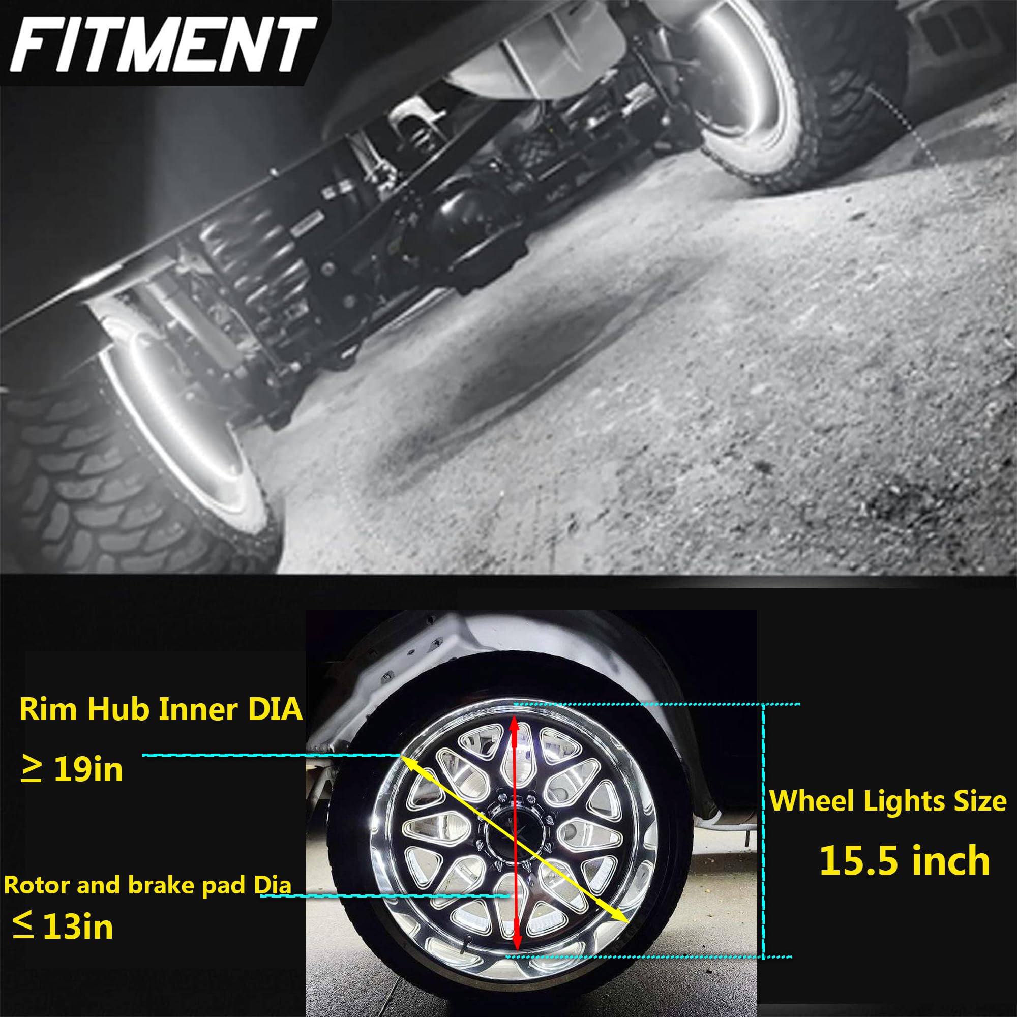 15.5 Inch Waterproof White LED Wheel Lights for Trucks & SUVs - APP & RF Remote Control, Durable Rim Tire Lights for Offroad, Pickup, and Vehicles (Perfect for Night Driving & Car Customization)
