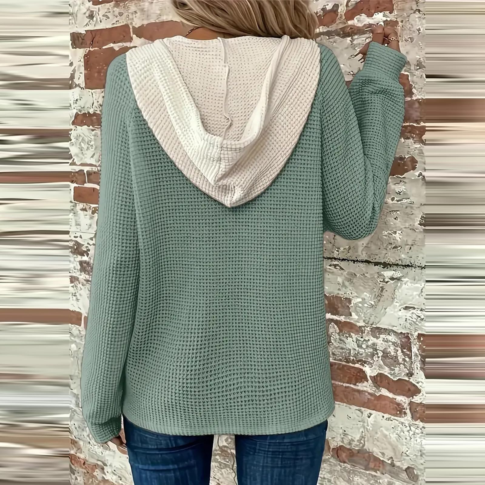 Women's Waffle Knit Hoodie - Long Sleeve Drawstring Button V-Neck Pullover Sweatshirt for Casual Fall Wear 2024 | Perfect for Cozy Evenings and Outdoor Adventures