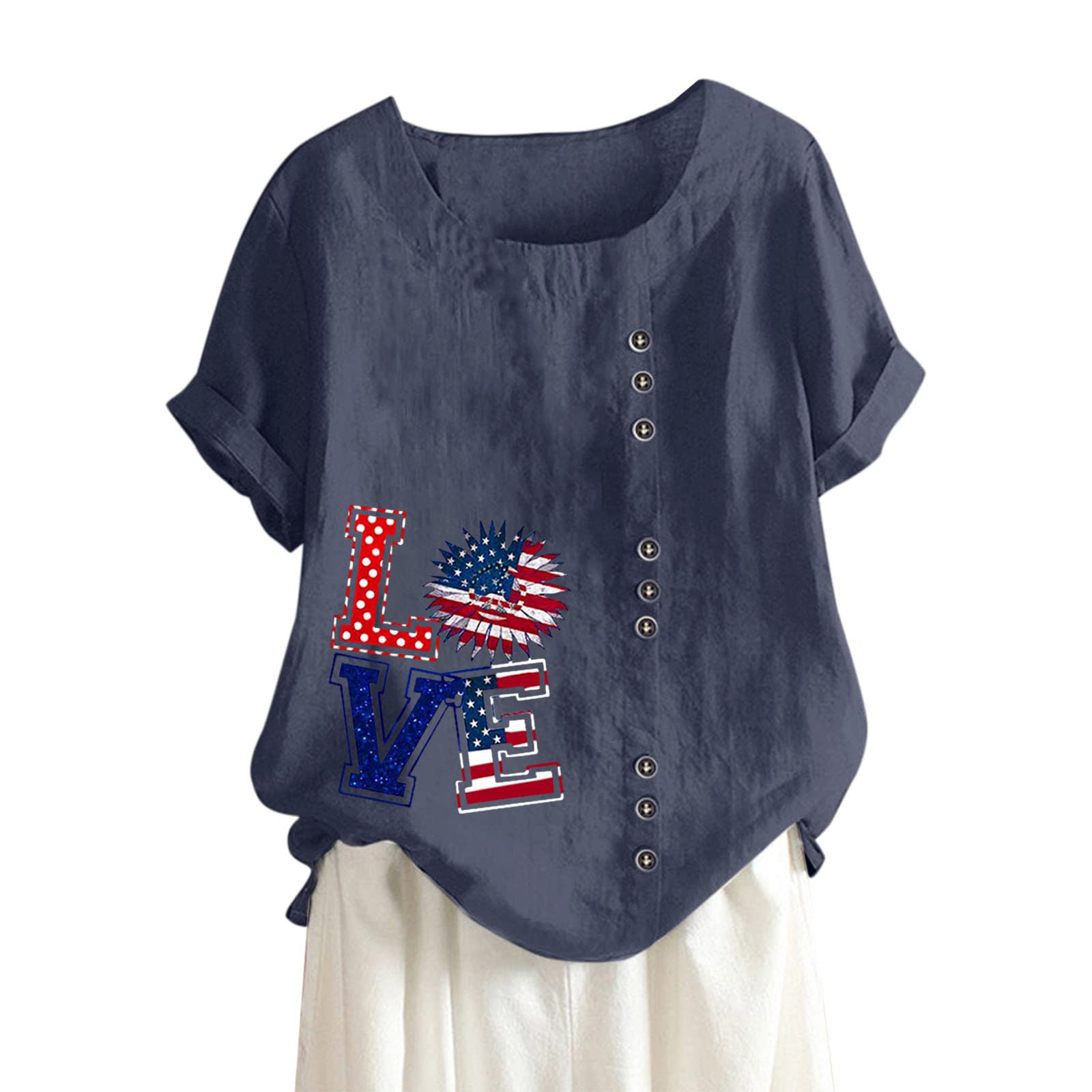Women's Floral Printed Cotton Linen Shirt - Short Sleeve Crew Neck Casual Blouse - Loose Fit Summer Tops for Beach, Travel & Everyday Wear