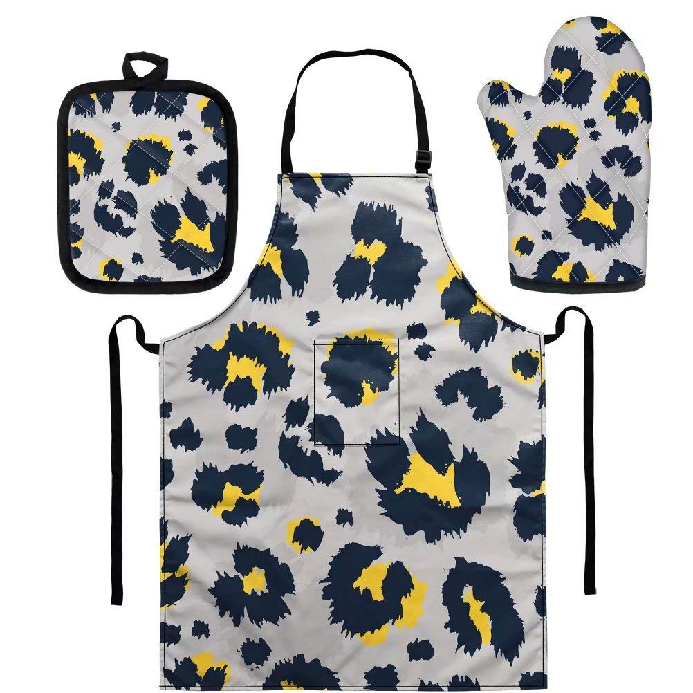 Pink Leopard Print Apron Set for Women - Heat Resistant Kitchen Mitts & Pot Holders for Baking BBQ Cooking