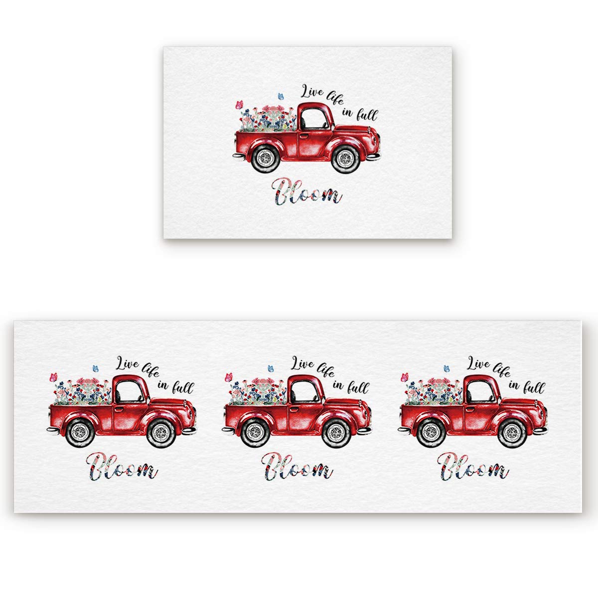 Farmhouse Kitchen Mats Set of 2 - Non-Slip Cushioned Anti-Fatigue Floor Mats with Floral Red Truck Design - Washable Kitchen Runner Rugs for Comfortable Standing While Cooking, Baking or Dishwashing